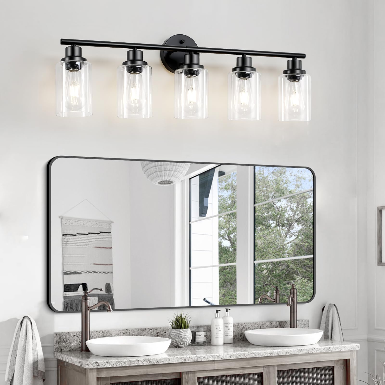 Guliaofo 5-Light Black Vanity Light Fixture with Clear Glass Shade, Modern Bathroom Wall Lamp for Mirror and Living Room, Model Gu-111-QGH-5