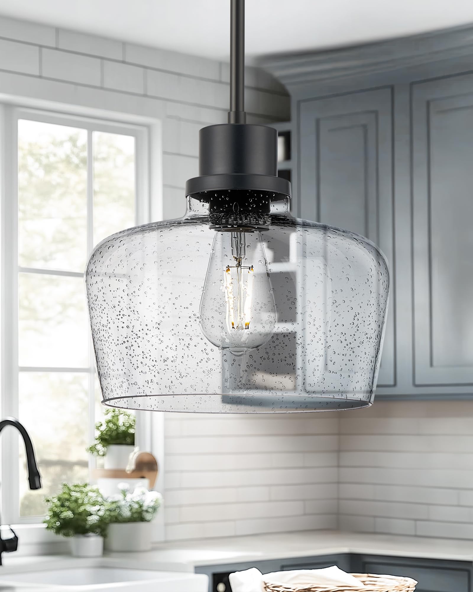 Emak 10 Inch Large Pendant Light, Black Pendant Lights Kitchen Island With Seeded Glass Shade, Modern Farmhouse Island Lights Fo