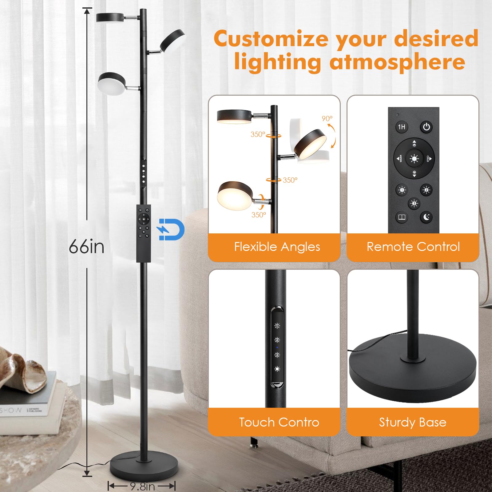 JUNNAI LED Tree Floor Lamp, 30W Dimmable Tall Standing Lamp with Remote & Touch Control Timer,4 Color Temperatures 3000K-6000K,3