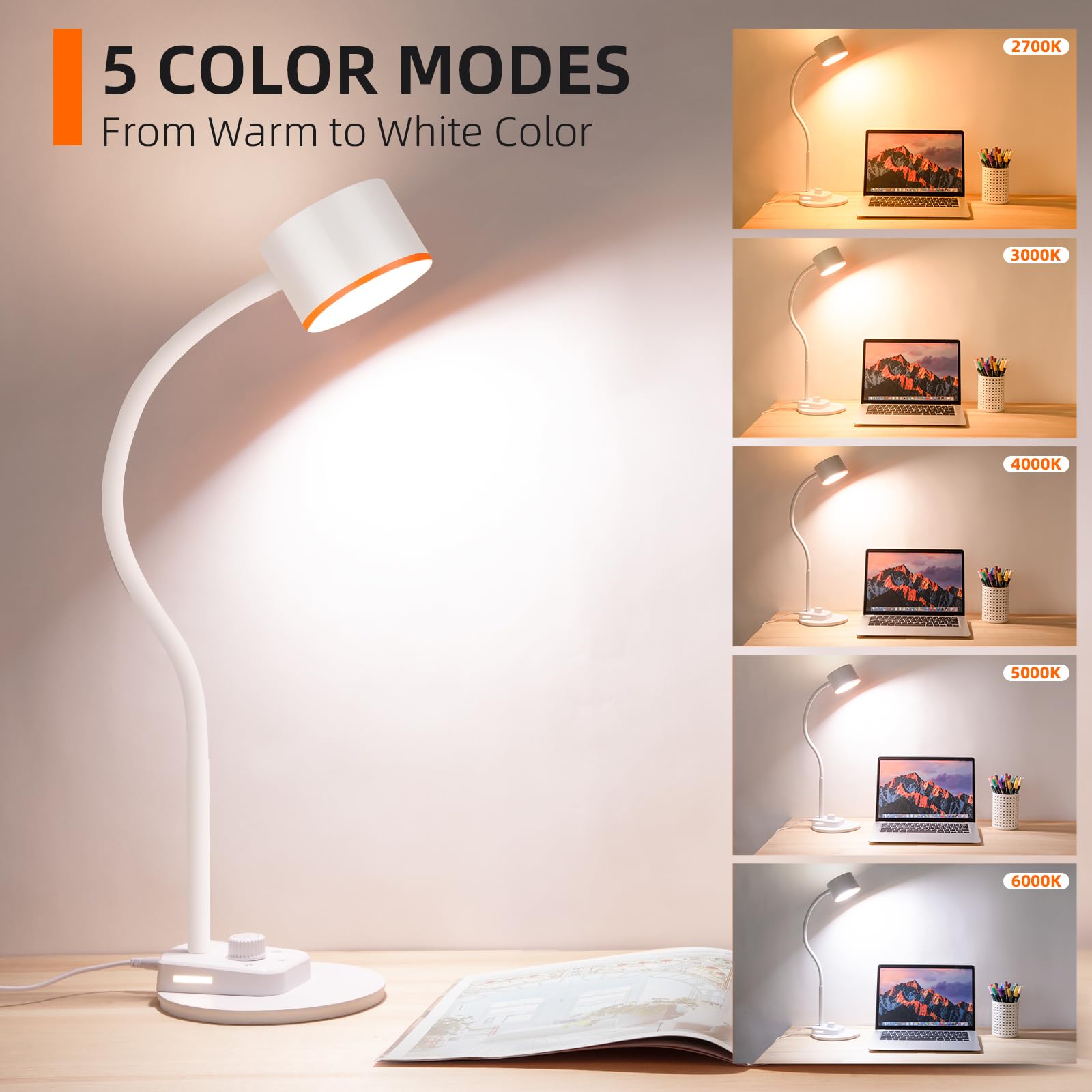 Lifmira Led Desk Lamp, 1200Lm For Home Office, Fully Dimmable Bedside Reading Lamp With Usb C + A Charging Ports, 5 Colors, 12W