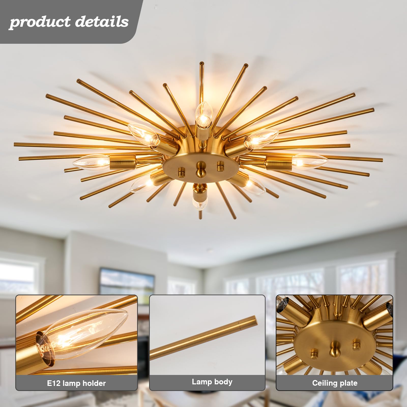 ZGLAOJT Semi Flush Mount Ceiling Light 8 Light Metal Chandelier Gold F-1181 for Kitchen Dining Room Bedroom Living Room