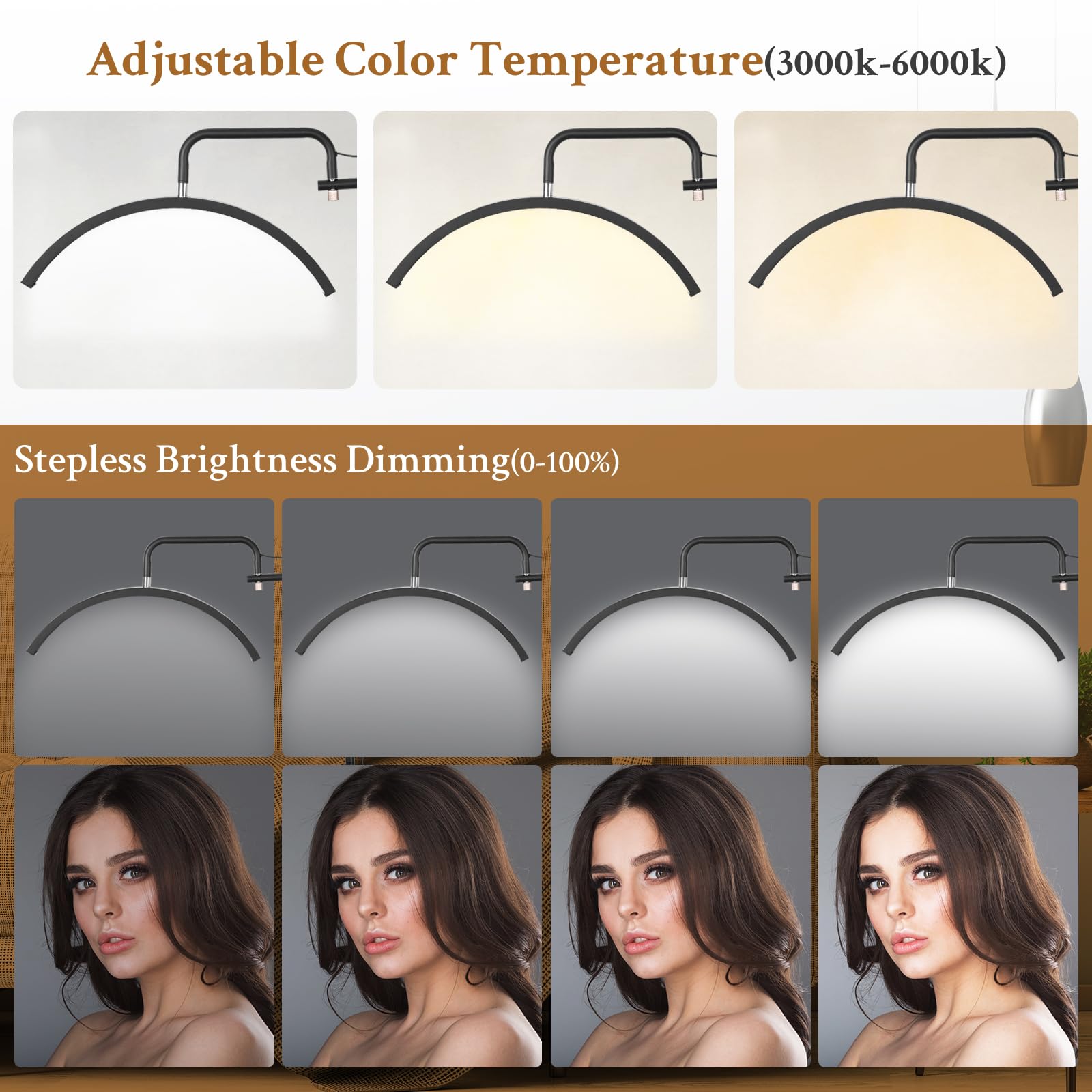 Mkpaei Lash Light For Eyelash Tech - Led Half Moon Light For Tattoo Artists, Esthetician Lights For Eyelash Extensions - Adjustable Brightness & Height, Warm To Cool Floor Lash Lamp With Phone Holder