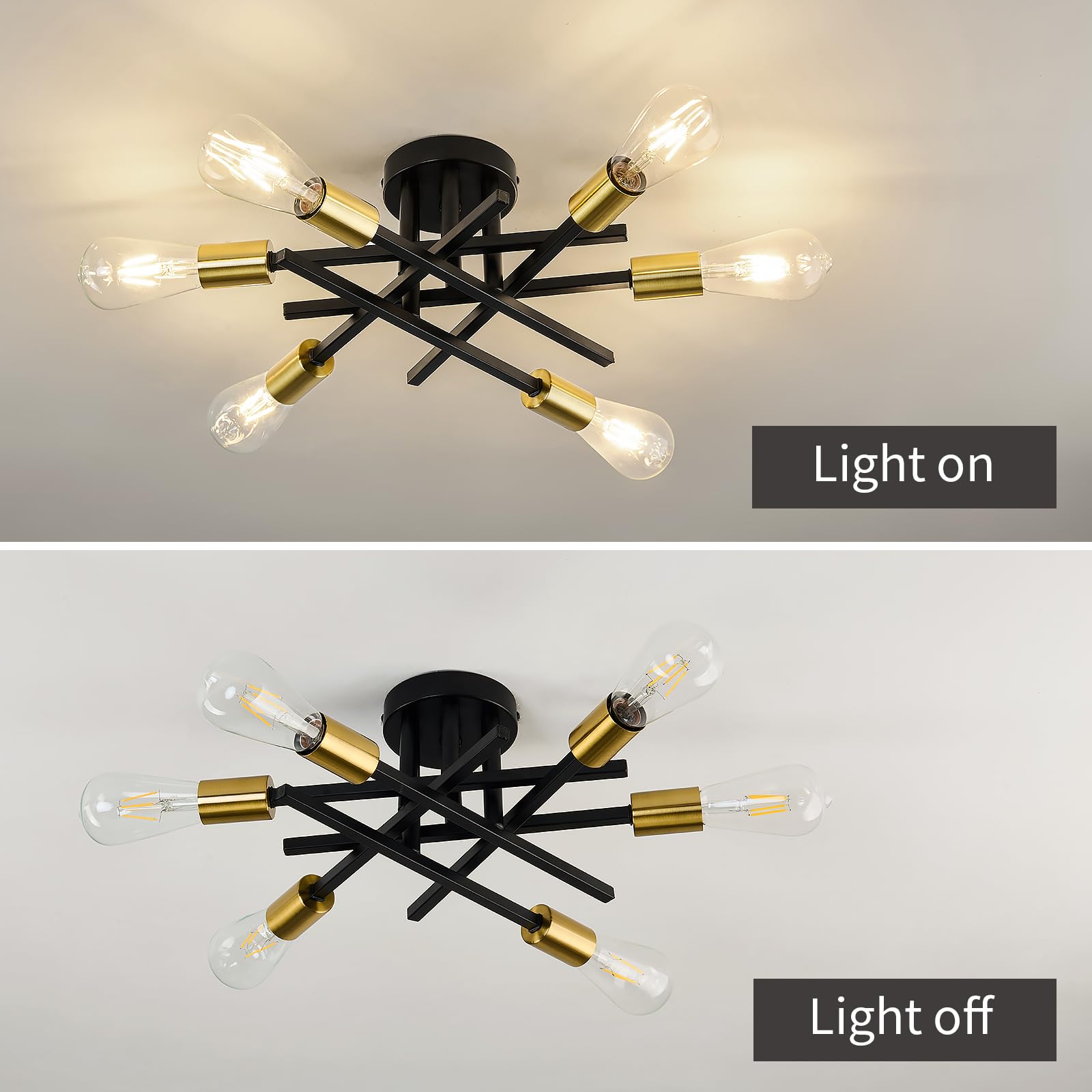 Asgyisa 6-Lights Sputnik Semi Flush Mount Ceiling Light Fixture Modern Metal Black And Gold Chandeliers With E26 Bulb Base Close