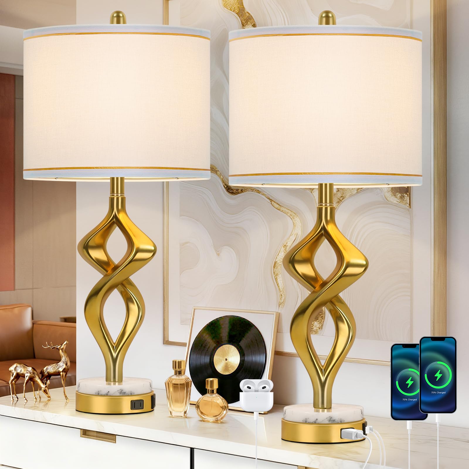 28.5 Modern Sculptural Living Room Table Lamps Set of 2 with USB A+C & AC Outlet  Gold Bedside Table Lamps with White Marble Base & Linen Shade  Nightstand Lamps for Bedroom Study Office Hotel Bar