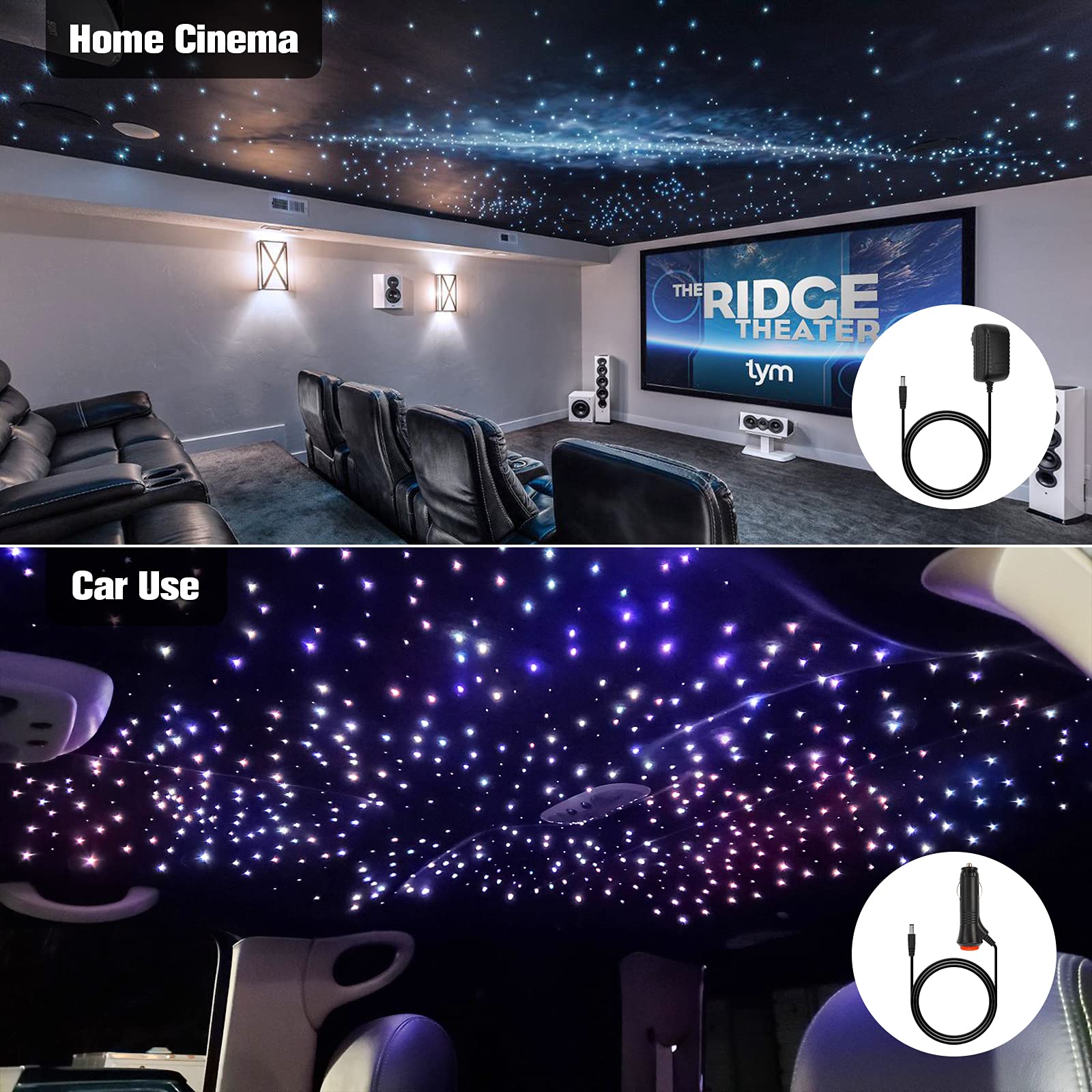 Chinly 16W 450Pcs 0.03In 9.8Ft Car Use Bluetooth Rgbw Led Fiber Optic App&Remote Music Mode Star Ceiling Headliner Light Kit+Adapter+Cigarette Lighter For Car/Ceiling