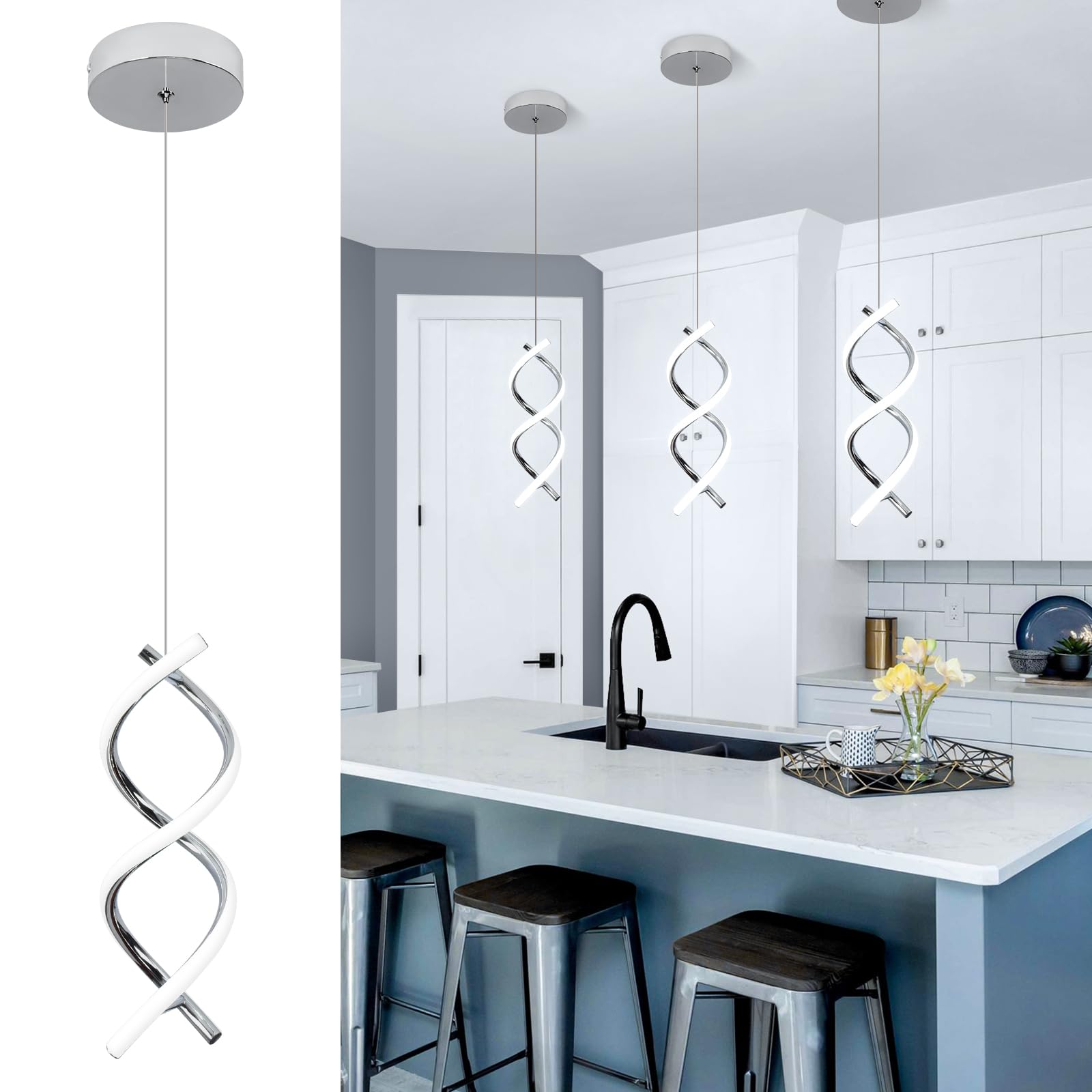 CANEOE Spiral LED Pendant Light Fixture, 15W Cold White, Adjustable Modern Lamp for Living Room, Chrome