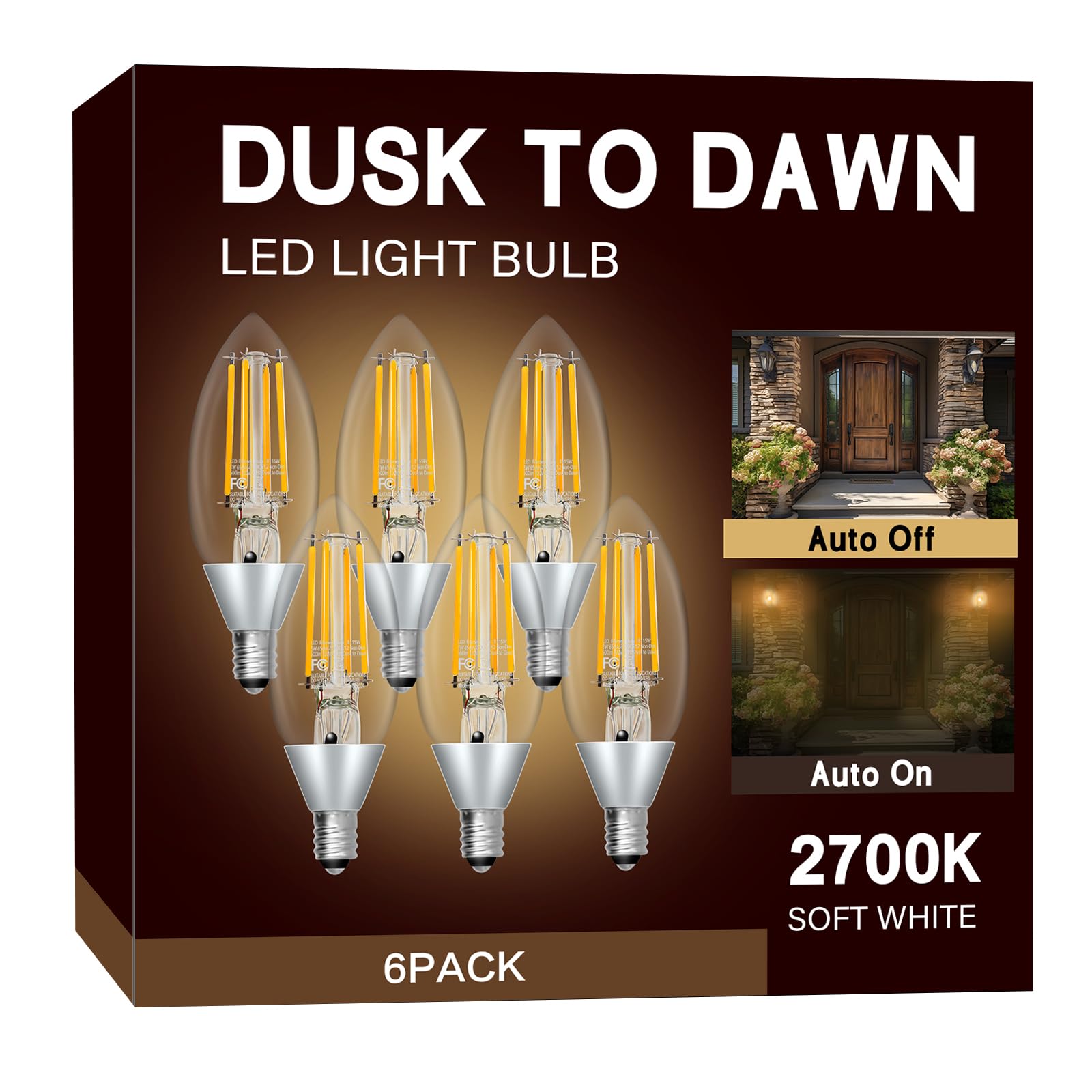 Unilamp Dusk To Dawn Light Bulbs, Outdoor Candelabra Light Bulbs, 5W Equivalent 40W, 2700K Soft White, 500Lm, Edison Vintage Fil