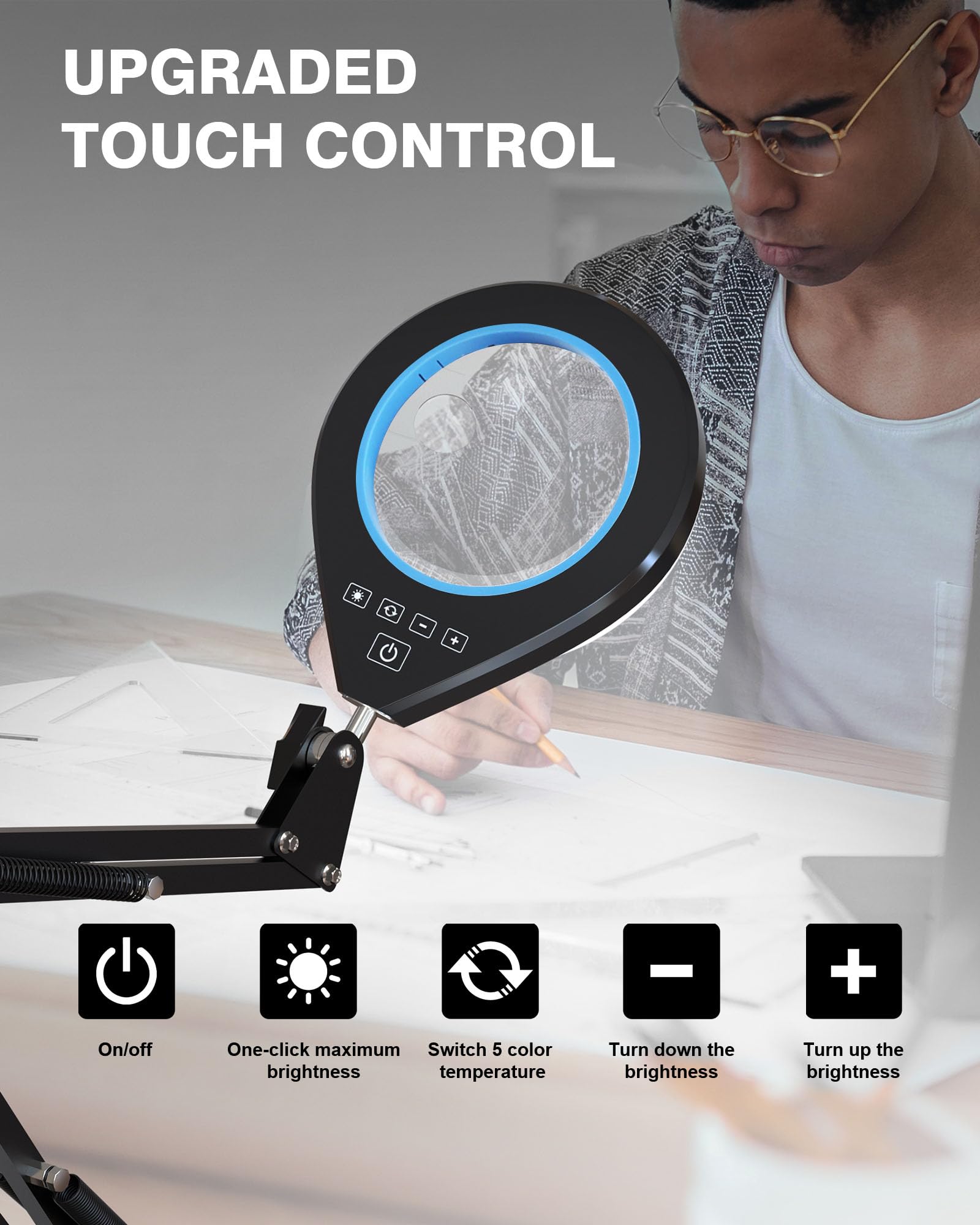 NAKOOS Magnifying Glass Lamp with Light, 10X & 5X, Stepless Dimmable, Adjustable Brightness, Blue, Model SERIES-WM