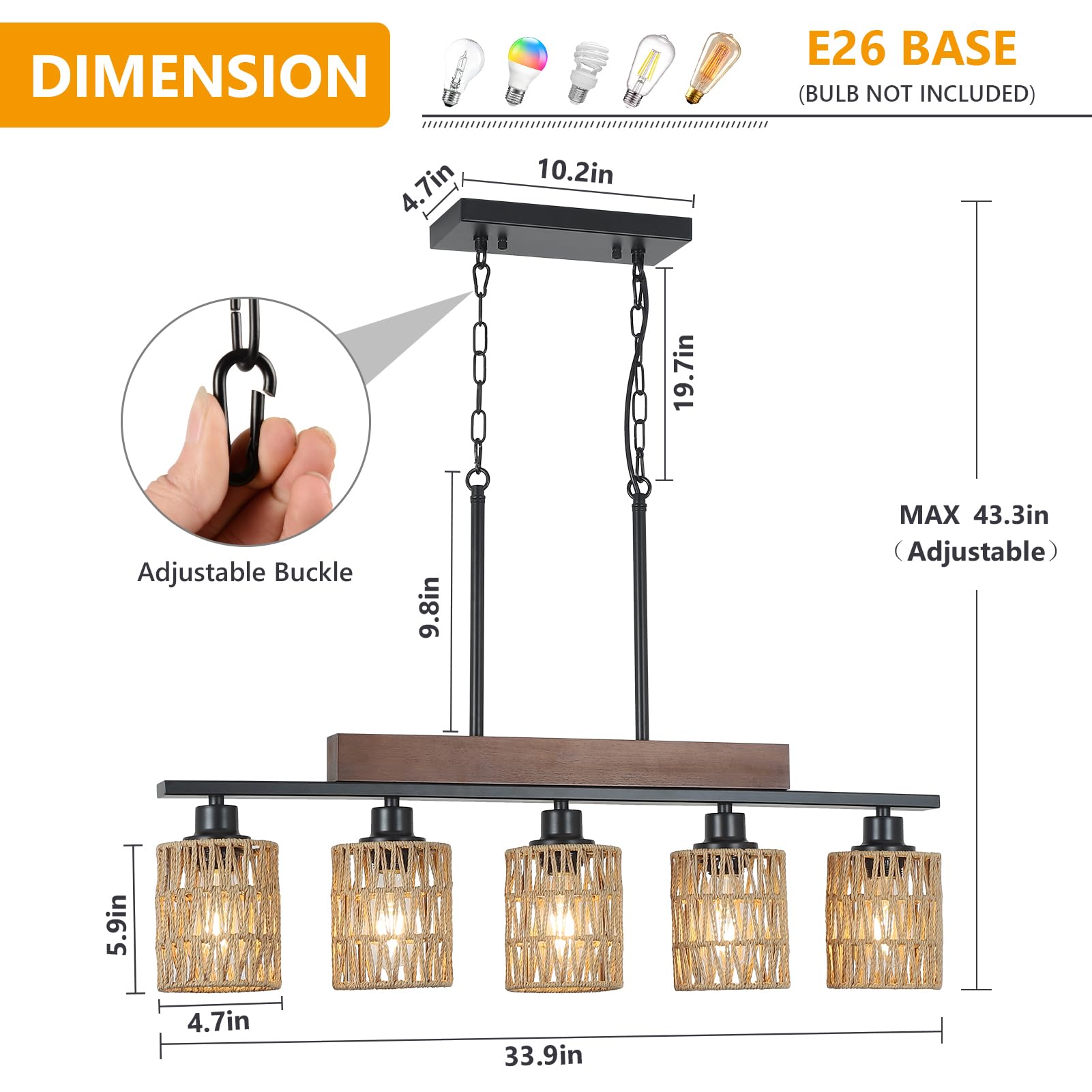 Bribyit Rattan Farmhouse 5-Light Linear Chandelier, Rustic Black Pendant Lighting for Dining Room and Kitchen