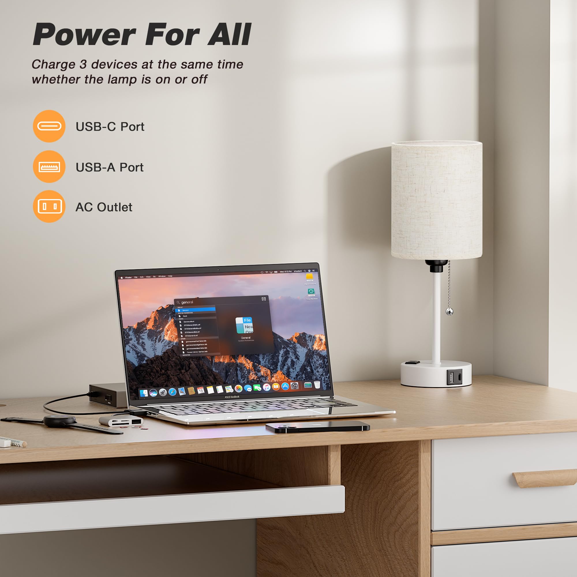 Small Bedside Lamp For Bedroom Nightstand - 2700K 3500K 5000K Bedside Lamps With Usb C And A Ports, Pull Chain Table Lamps With Ac Outlet, Nightstand Lamps With White Metal Base For Kids Reading