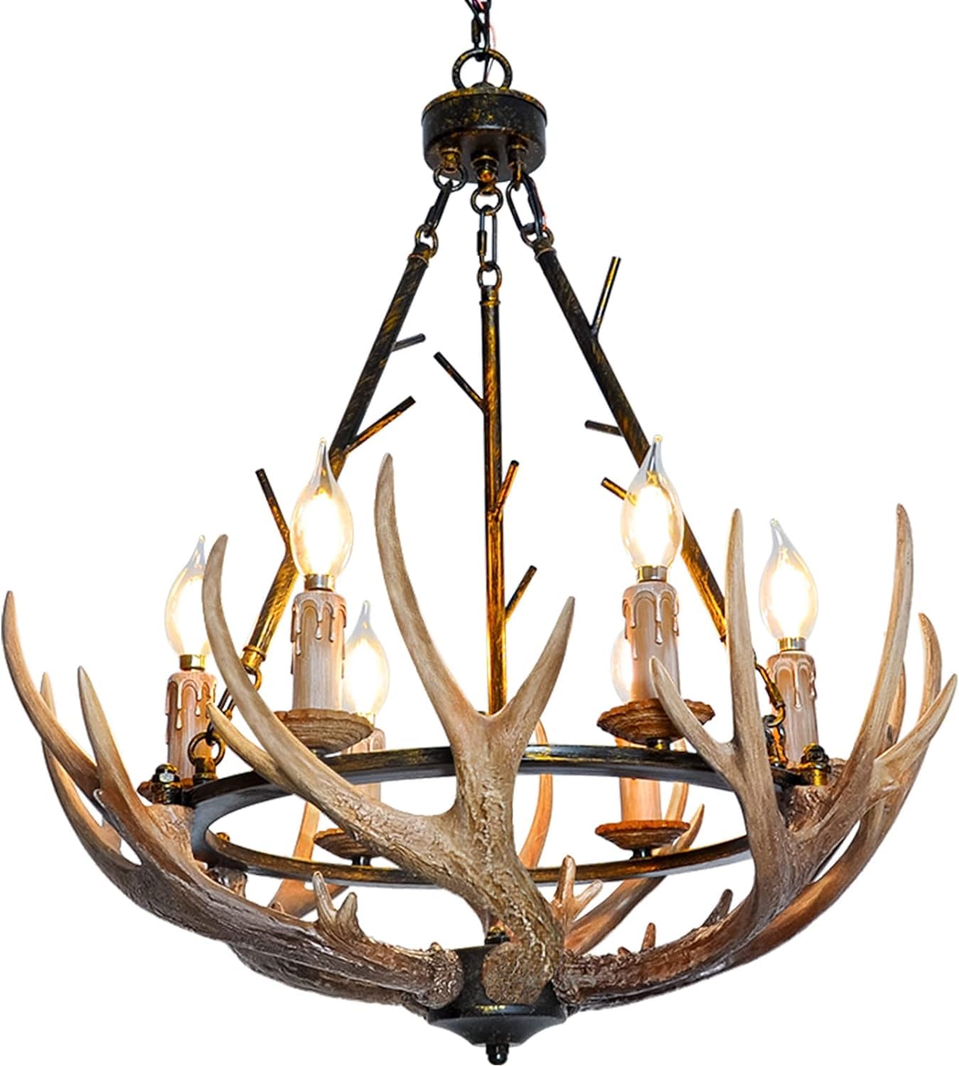 Debemenes Rustic Antler Chandelier 6 Lights, Farmhouse Chandeliers with Resin 6 Antlers and Retro Metal Wagon Wheel Chandelier V