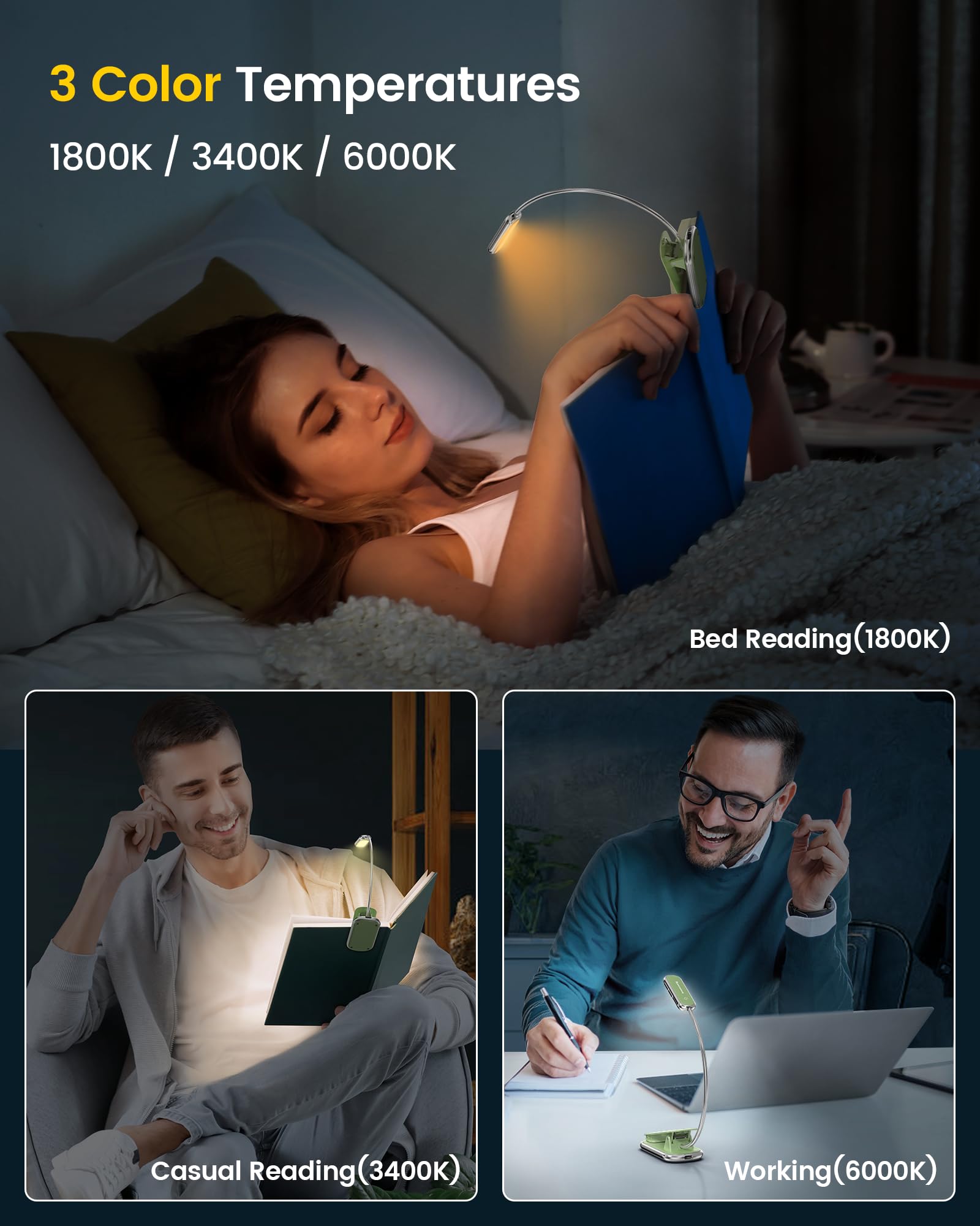 Glocusent enhanced Book Light, 16 LED, Rechargeable, 1800K, 3 Colors, 5 Brightness Levels, 29.5x4.2x3.2