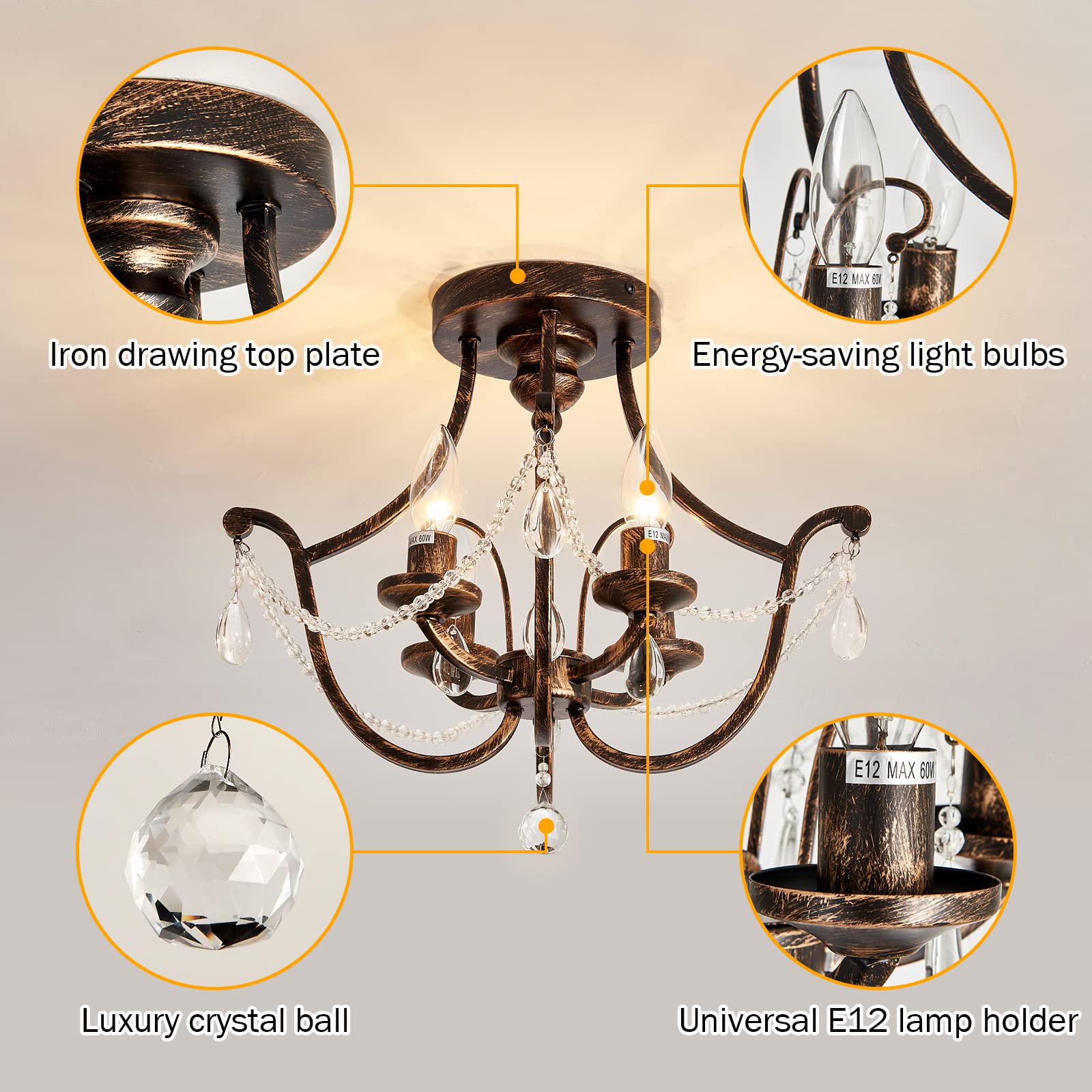 Uofus Vintage Semi Flush Mount Crystal Chandelier Oil Rubbed Bronze 4-Light Small Metal Ceiling Light Fixture Farmhouse Ceiling