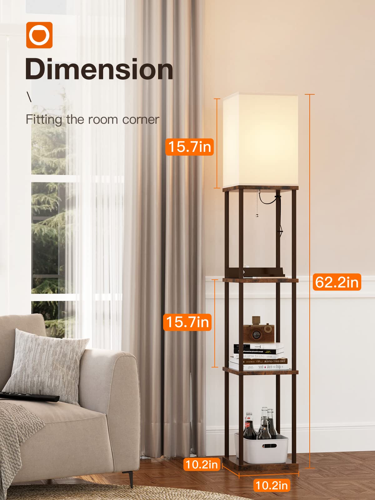 Addlon Modern Floor Lamp With Shelves, Remote Control, 2 Usb Charging Ports And 1 Power Outlet, Display Floor Lamp With Shelves