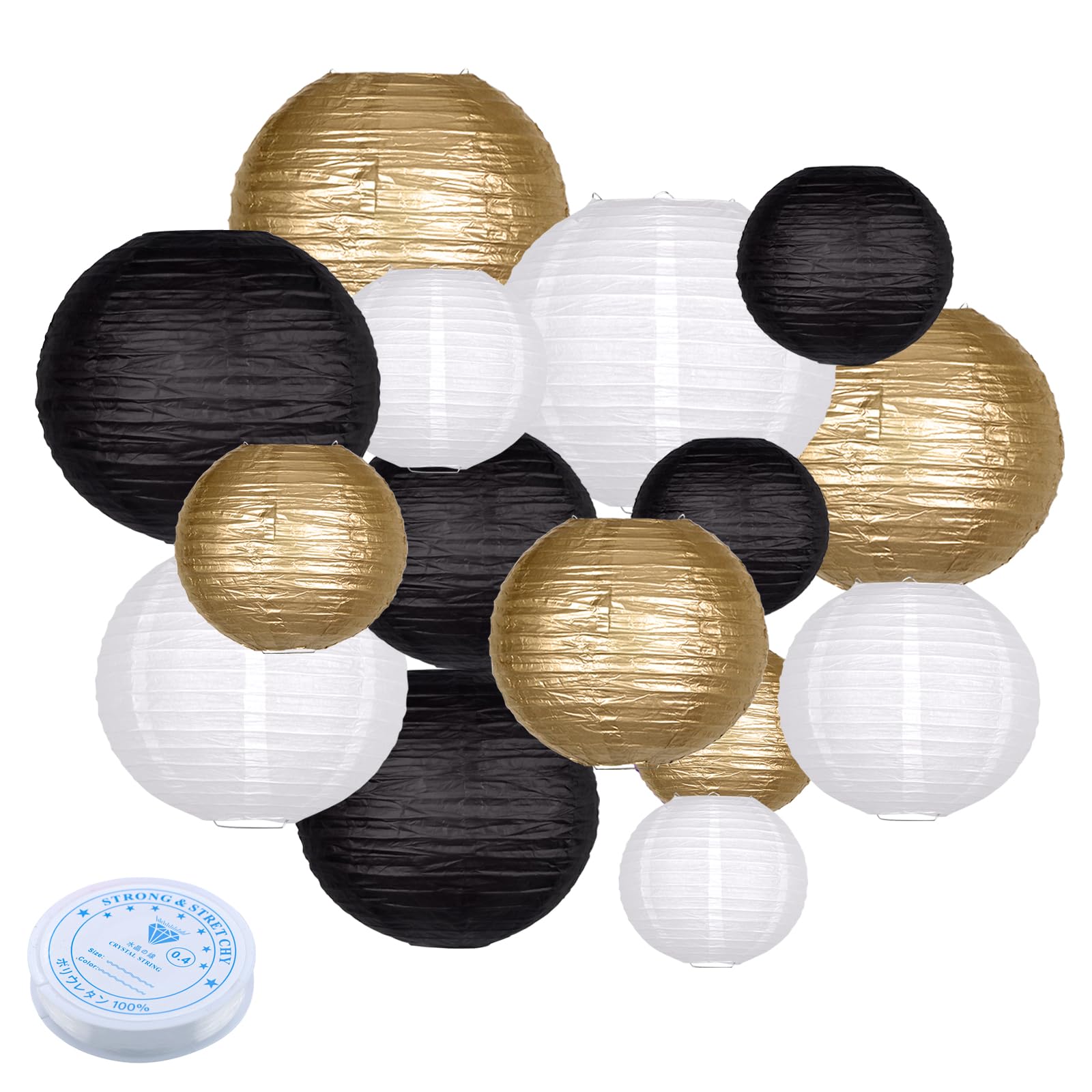 15pcs Paper Lanterns Black Gold Round Hanging Chinese Paper Lanterns 4'' 6'' 8'' 10'' 12'' for Bachelorette Engagement Wedding B
