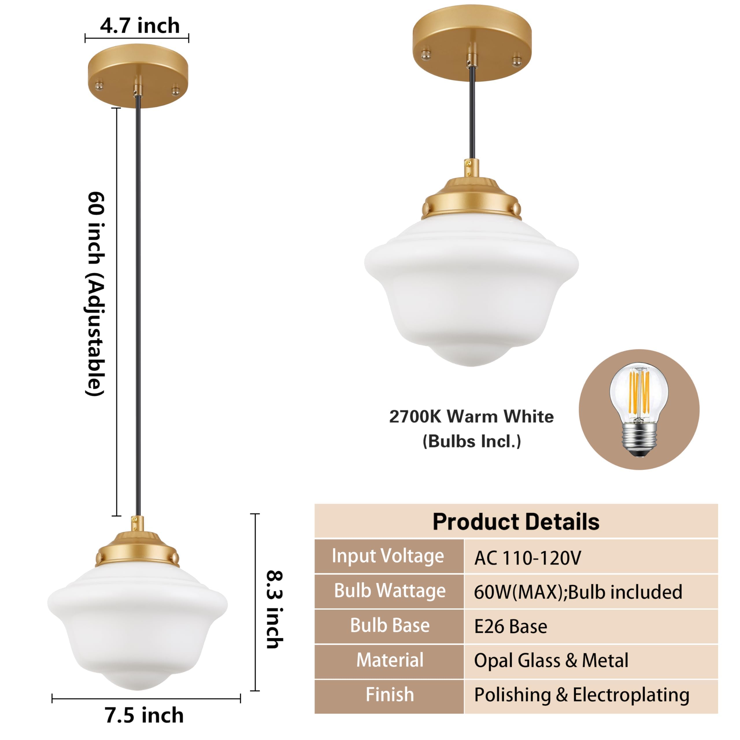 Ayshwilldec Gold Schoolhouse Light Fixture 8'' Milk Glass Light Fixture Mid Century Pendant Light Milk Glass Pendant Light Schoo