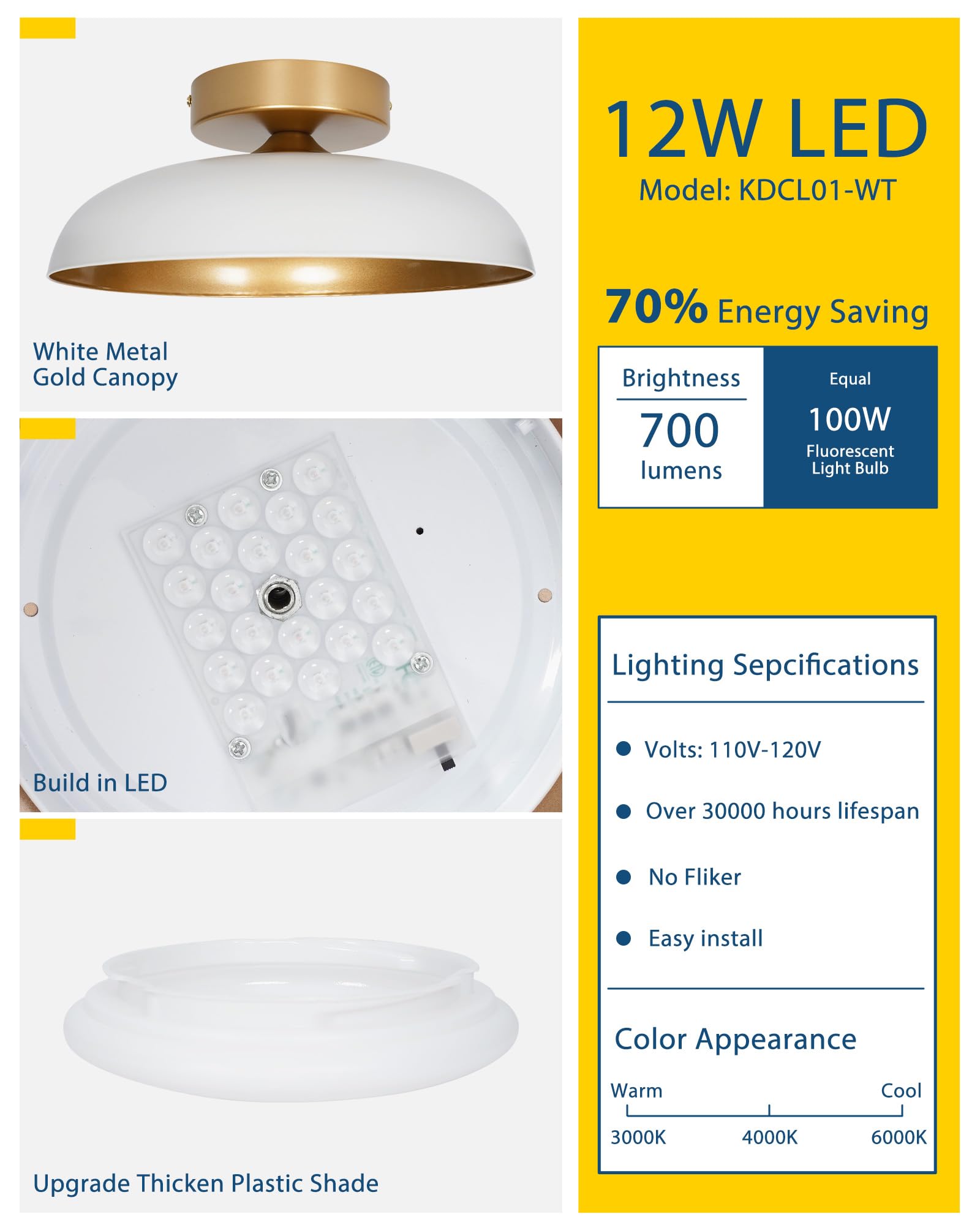 Kudos White And Gold Ceiling Light Fixture 2 Pack, Led Semi Flush Mount Light Fixture, 12W/1200Lm 12 Inch Ceiling Lights For Kitchen, Hallway, Bathroom, 3000K/4000K/6000K Adjustable, Kdcl01-Wt-2Pk