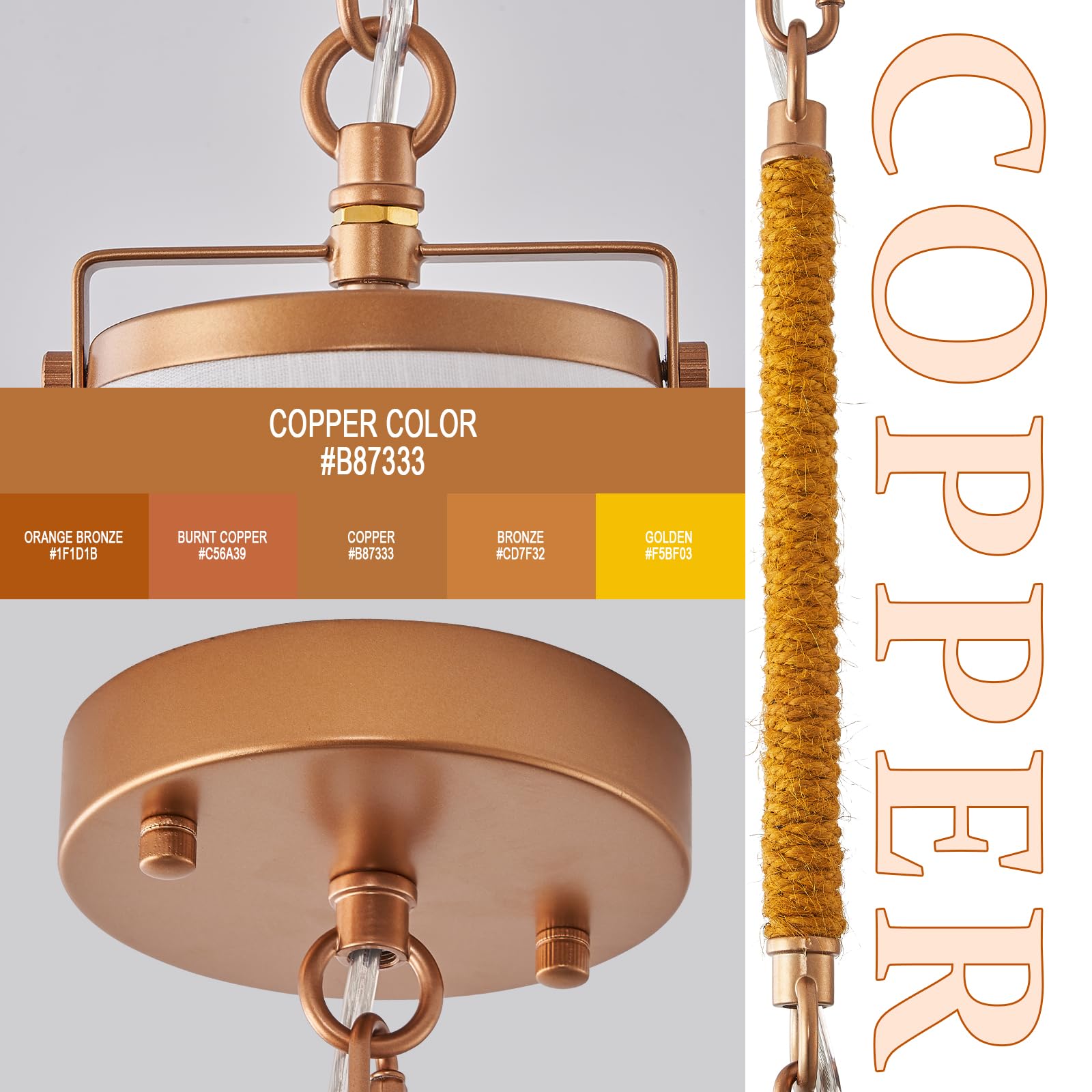 FookChak Vintage Brass Pendant Light - 10" Linen Shade, Copper & Hemp Rope, Modern Farmhouse Lighting for Kitchen & Dining Room