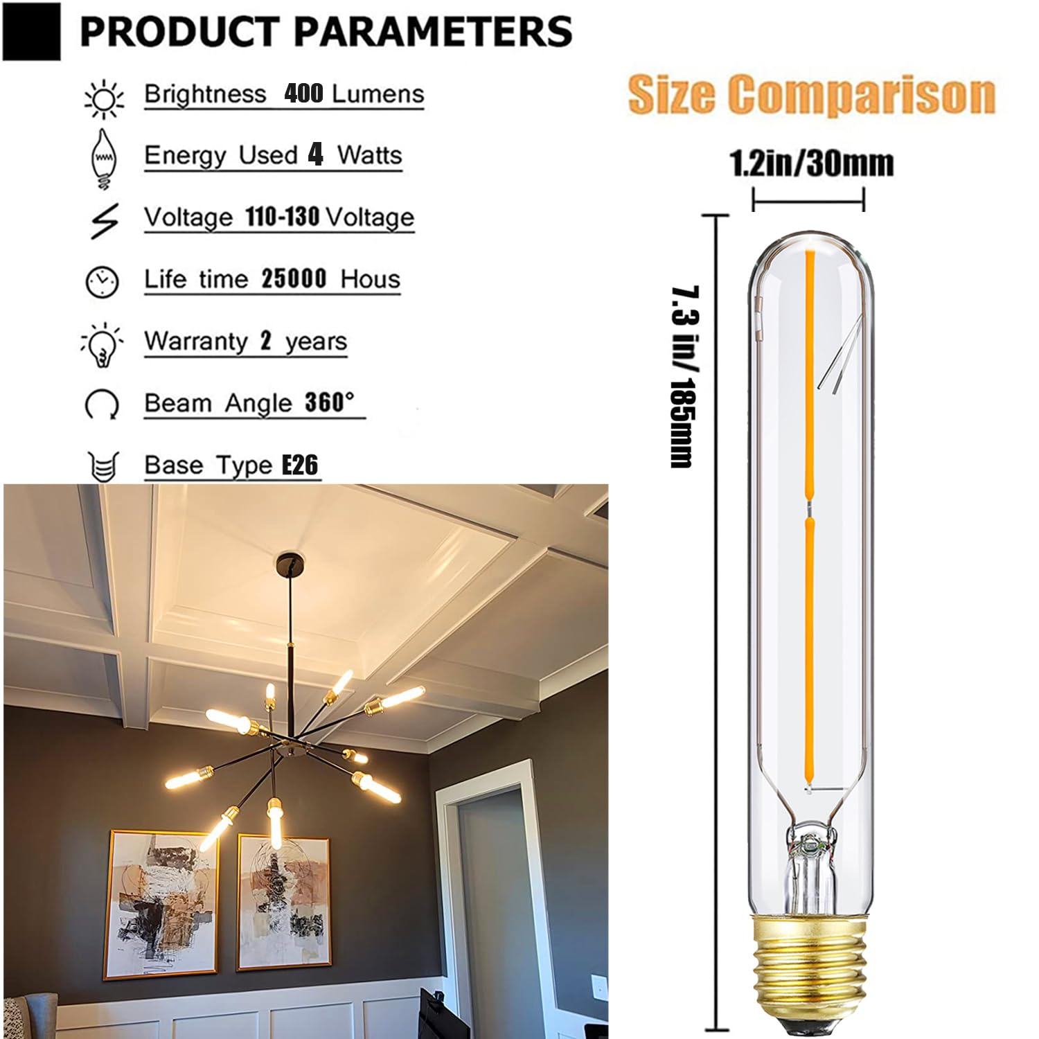 Lvye E26 Tubular Led Bulbs 4W, 3000K Soft White,Dimmable Edison Style Filament Light Bulb, T10 Vintage Bulb 40 Watt Equivalent,