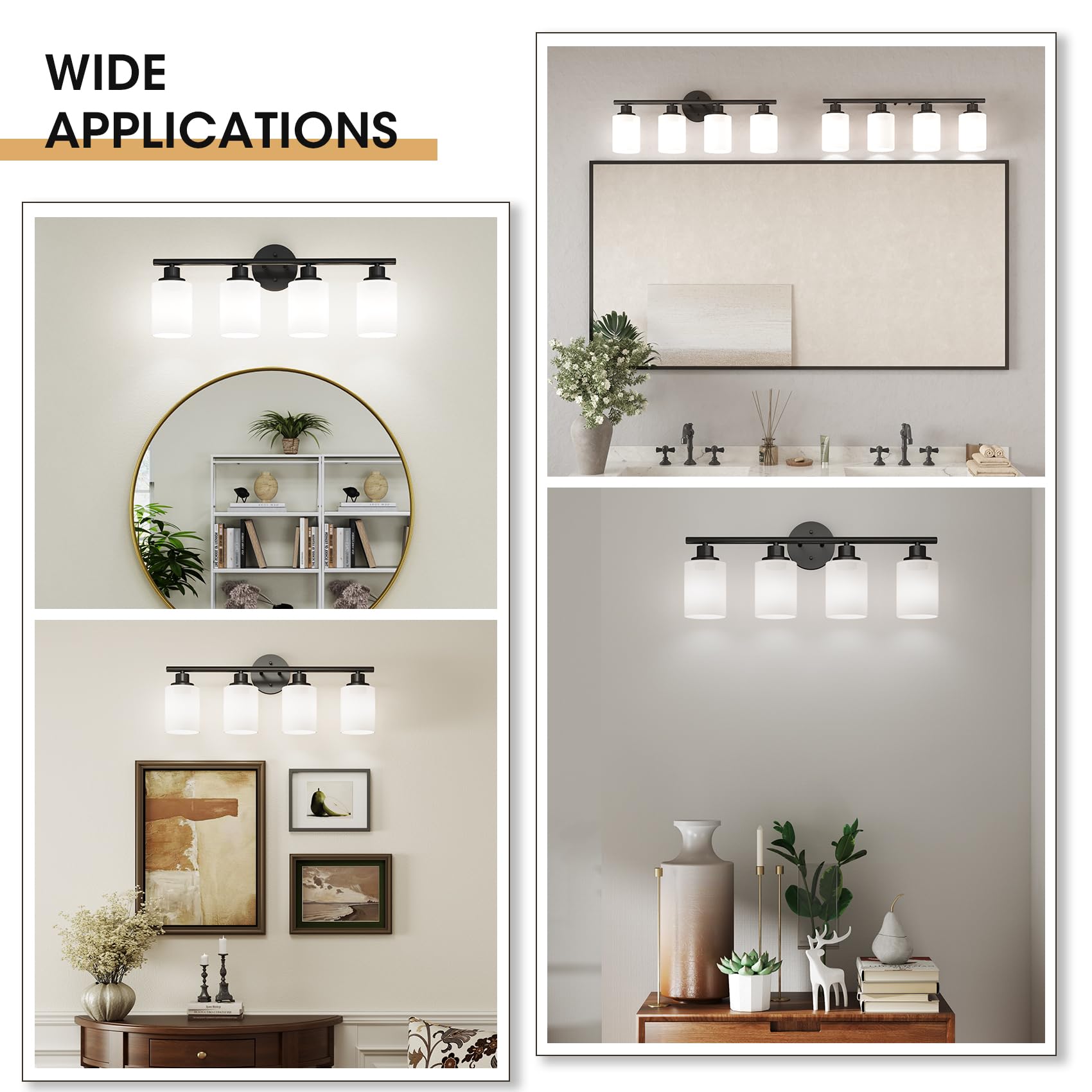 Weyderk Black Bathroom Vanity Light - 4-Light Bathroom Light Fixtures With White Glass Shades, Ul Certification & E26 Base Bathr