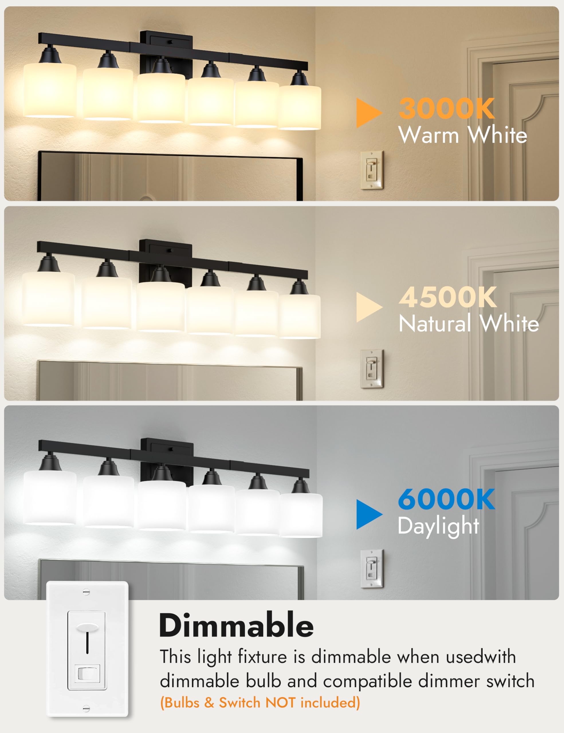 VOLISUN 6-Light Bathroom Vanity Light Fixture, Matte Black Metal, Frosted Glass Shades, Model SW016W