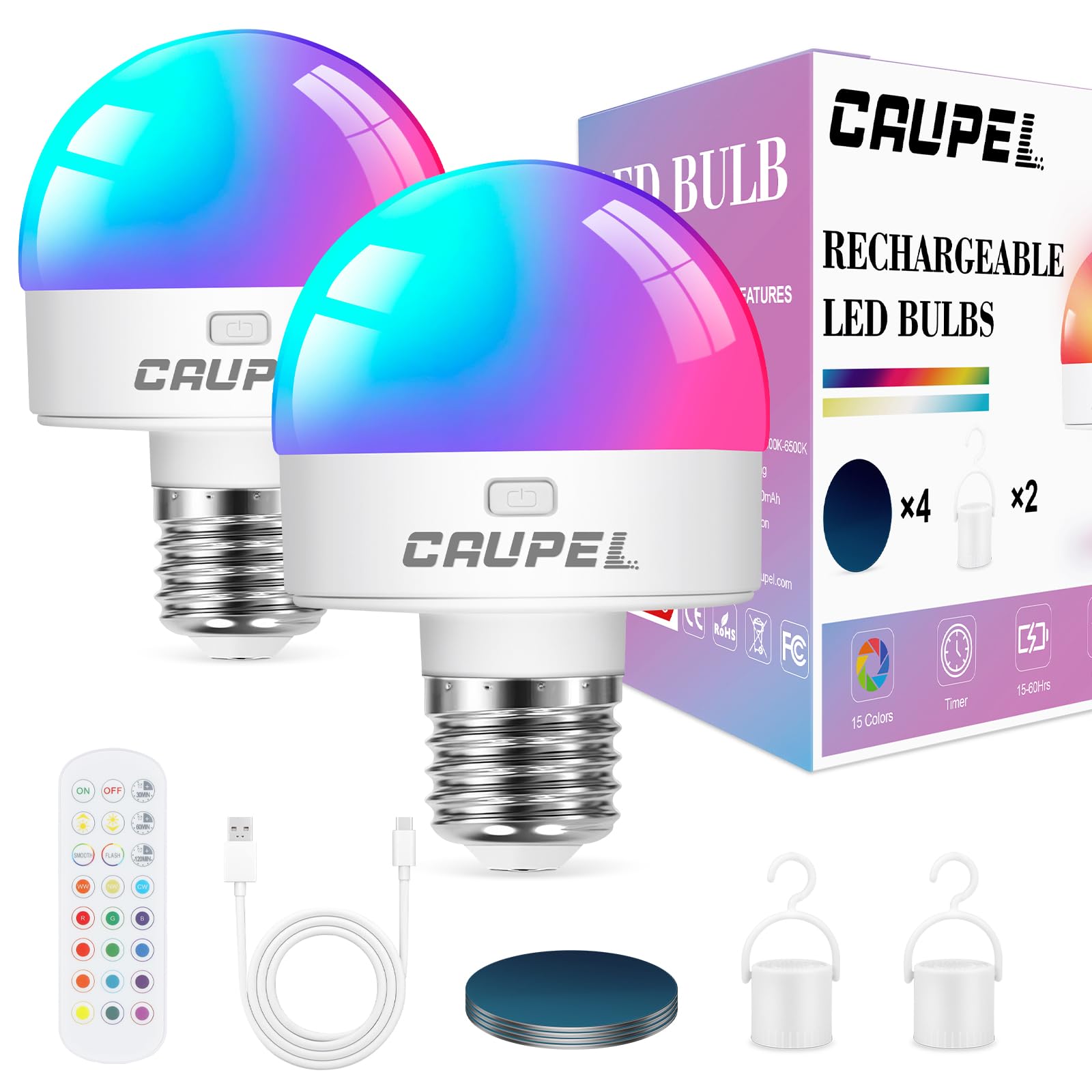 Caupel RGBCW Rechargeable LED Light Bulbs, E26, 60W Equivalent, 500 Lumens, 3 Color Temperatures, 2 Pack, Model RB-05