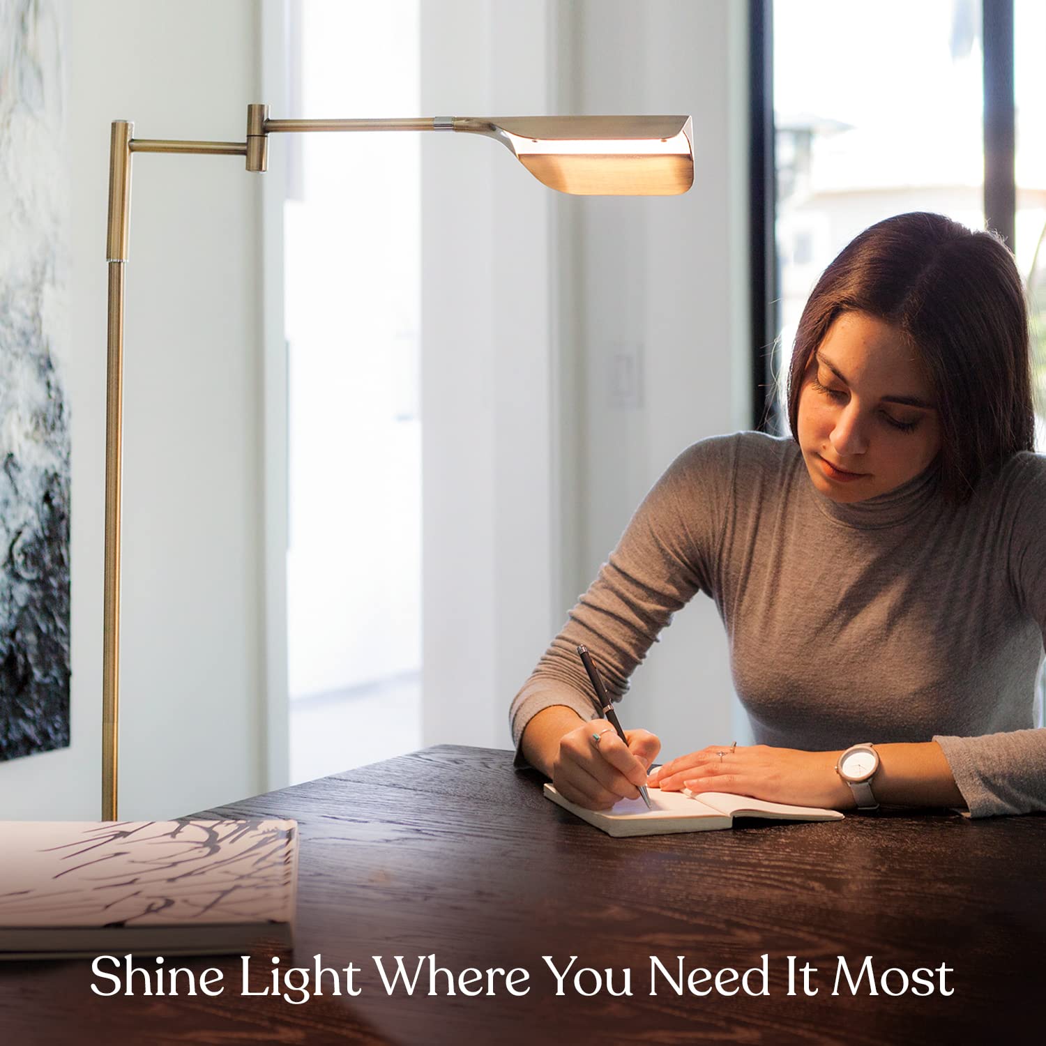 Brightech Leaf LED Reading Lamp - Dimmable Floor Lamp, Adjustable Height, Antique Brass, Perfect for Living Rooms & Offices, Model 211179AB