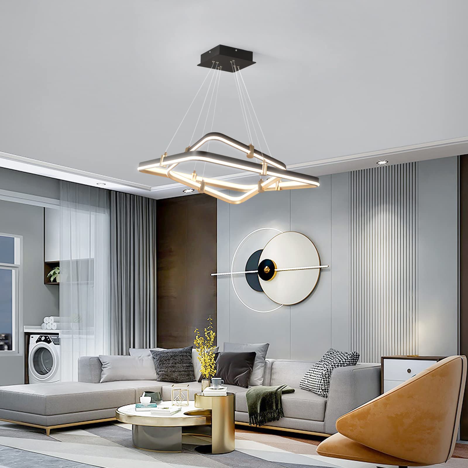 Siittoo Modern Black Chandelier 96W Dimmable LED Pendant Light Fixture, 24''+16'', Aluminum for Dining Room, Kitchen Island, Model FM7386
