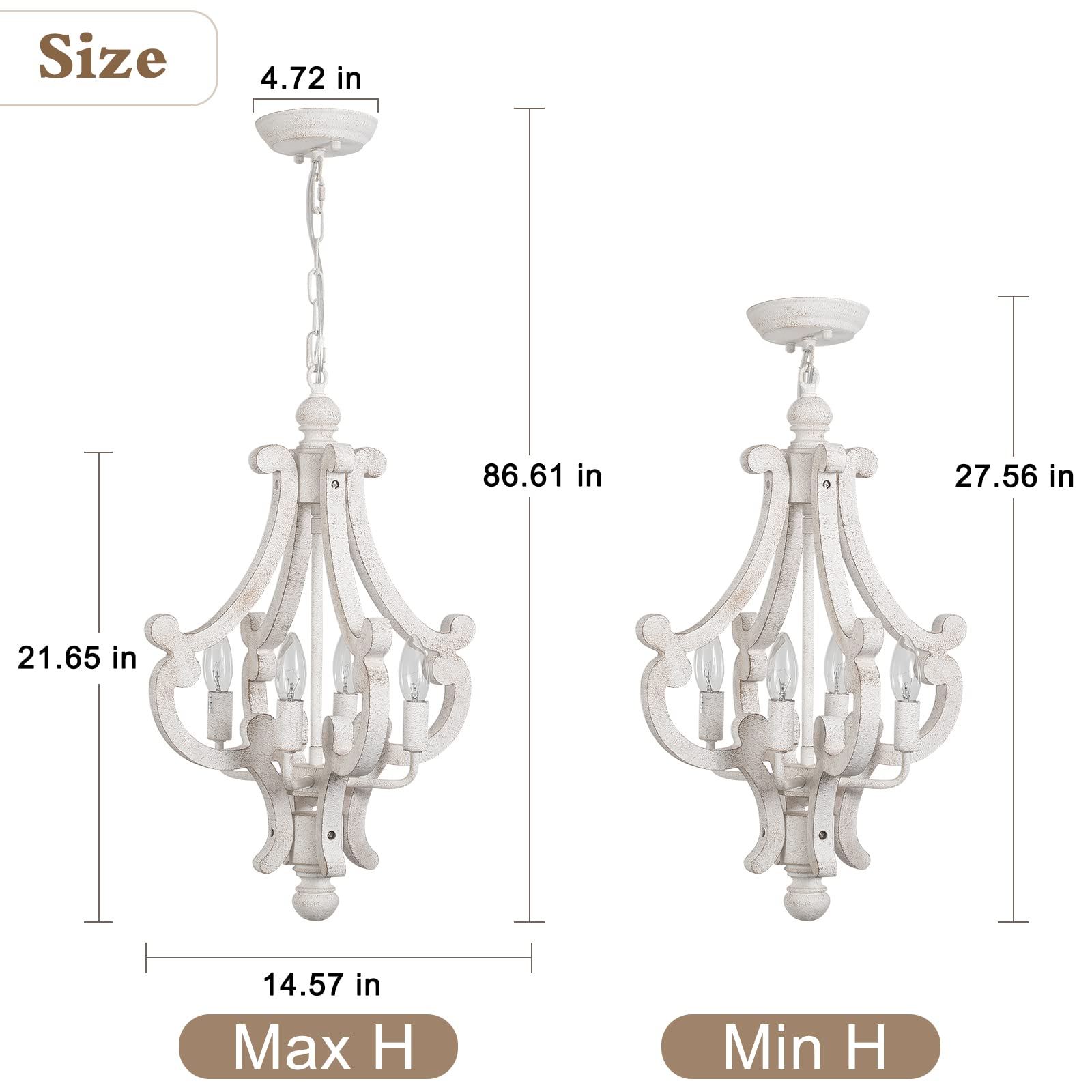Alisadaboy Farmhouse Rustic Wood Light Fixture Distressed White Dining Room Pendant Chandelier French Country 4 Light Candle Han
