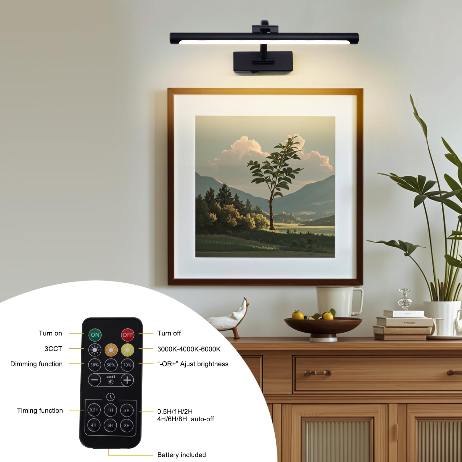Black Picture Lights Battery Operated 16  Frame Light Rechargeable Gallery Lighting Remote Wireless Art Light For discomfort-reducingting Dimmable Display Lights With Timer Wall Sconce For Portrait Dartboard