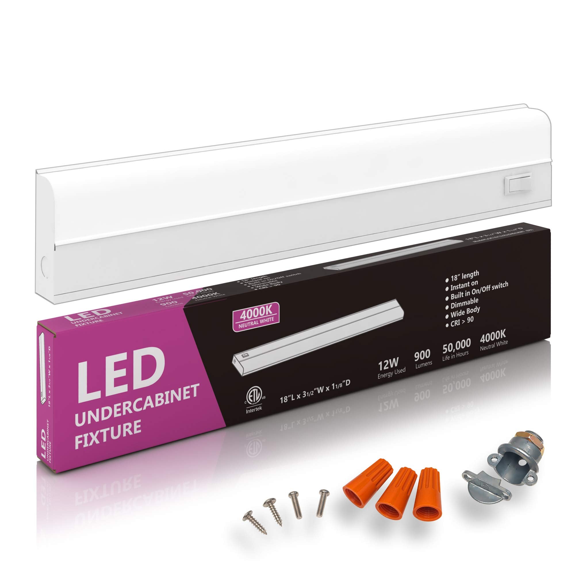 Hardwired LED Under Cabinet Task Lighting - 12 Watt, 18'', Dimmable, CRI>90, 4000K (Cool White), Wide Body, Long Lasting Metal B