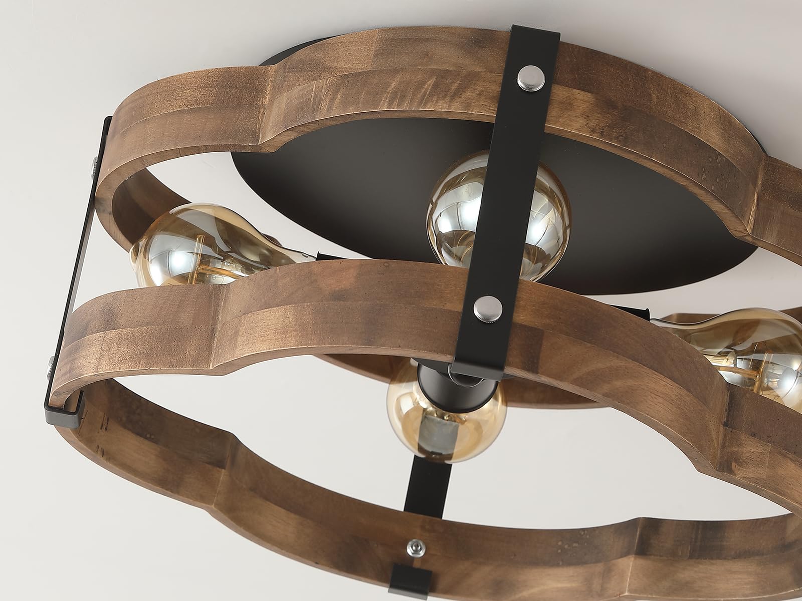 4-Light Rustic Farmhouse Wood Flush Mount Ceiling Light Fixture 14.17 Inch Oak Wood And Metal Cloud Cage Semi Flush Mount Ceilin