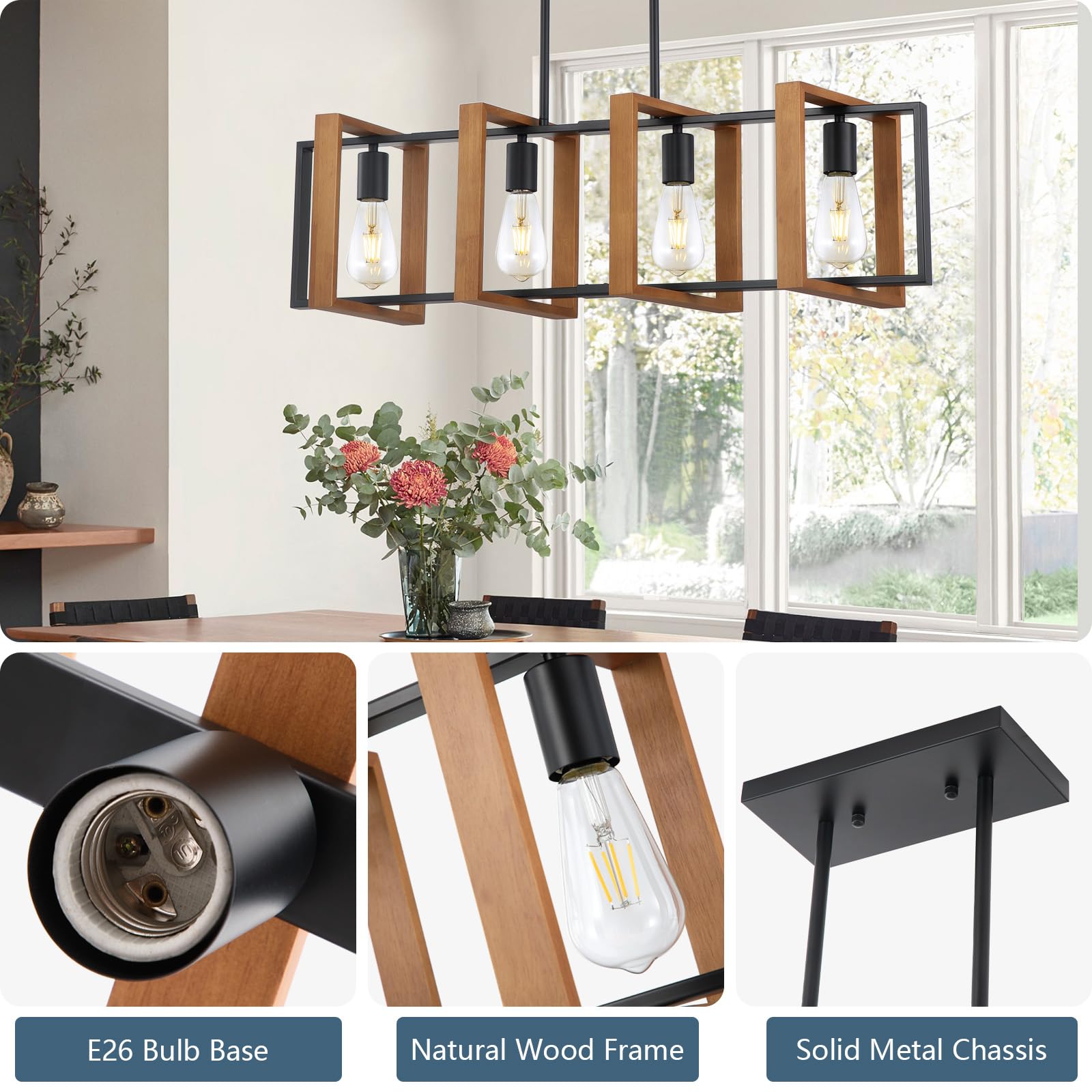 9MMML 4-Light Kitchen Island Chandelier, Wooden Frame, Black Metal Finish, Model P2028-04-WD