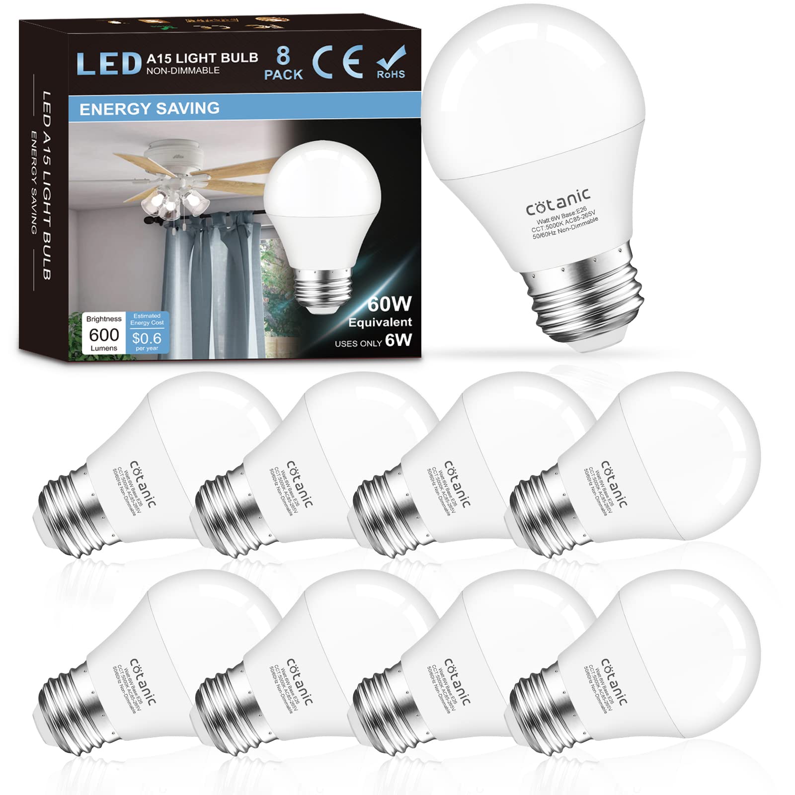 Cotanic 8 Pack 5000K Daylight Led Bulbs E26 Base A15, 60W Equivalent, Non-Dimm