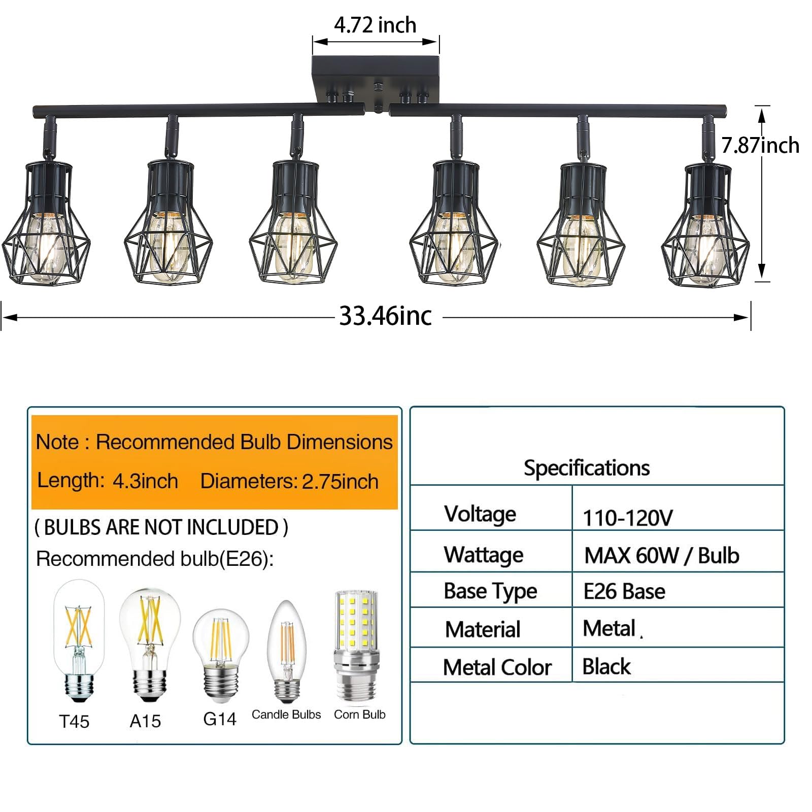 BANGANMA 6-Light Black Metal Cage Track Lighting Fixtures for Kitchen, Living Room, Dining Room – Model GD-30256