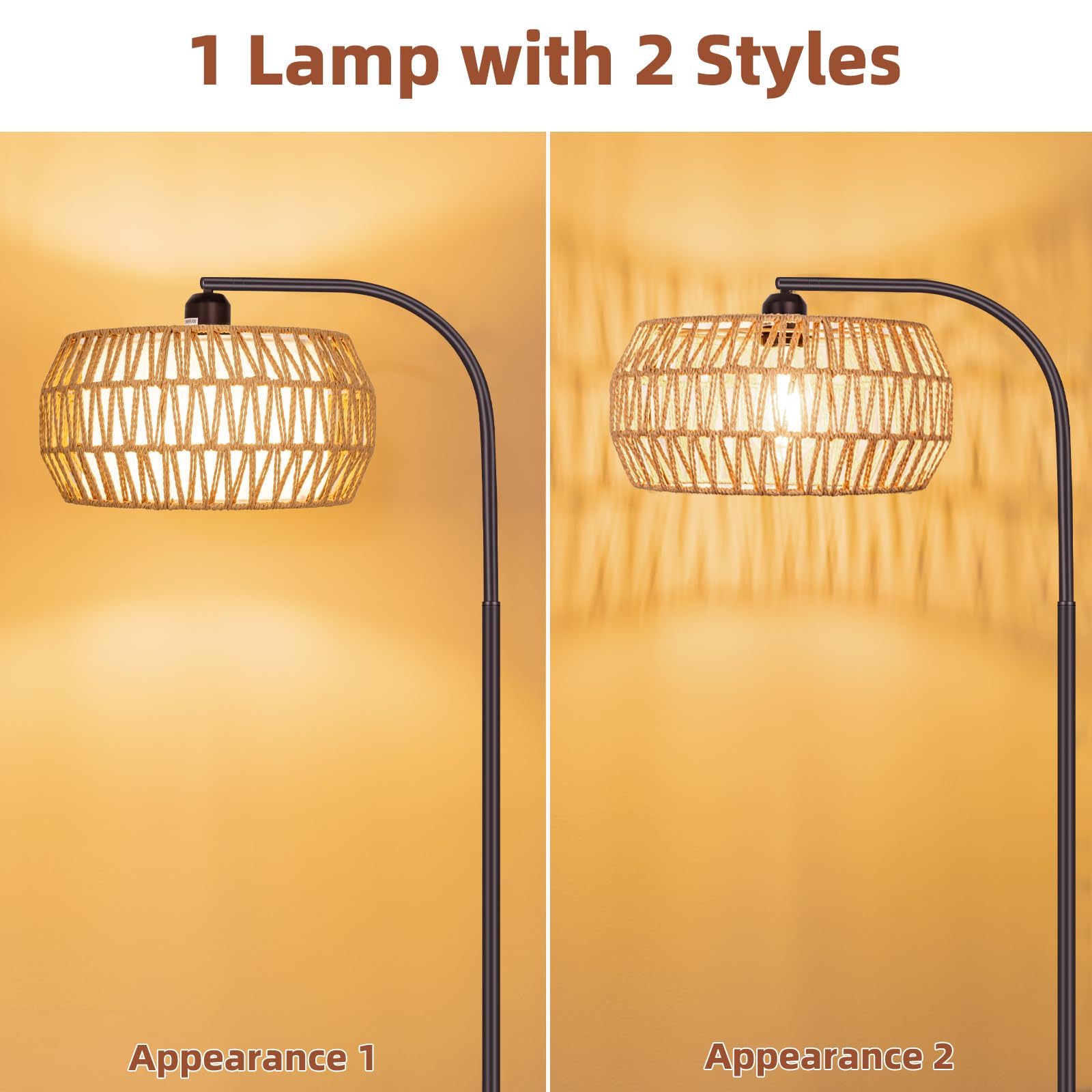 Brilvibera Rattan Standing Lamp With Remote And Dimmable Bulb, Bronze Arch Floor Lamp, Over Couch Lamp With Foot Switch, Brown Boho Lamp For Living Room, Bedroom, Office, Classroom