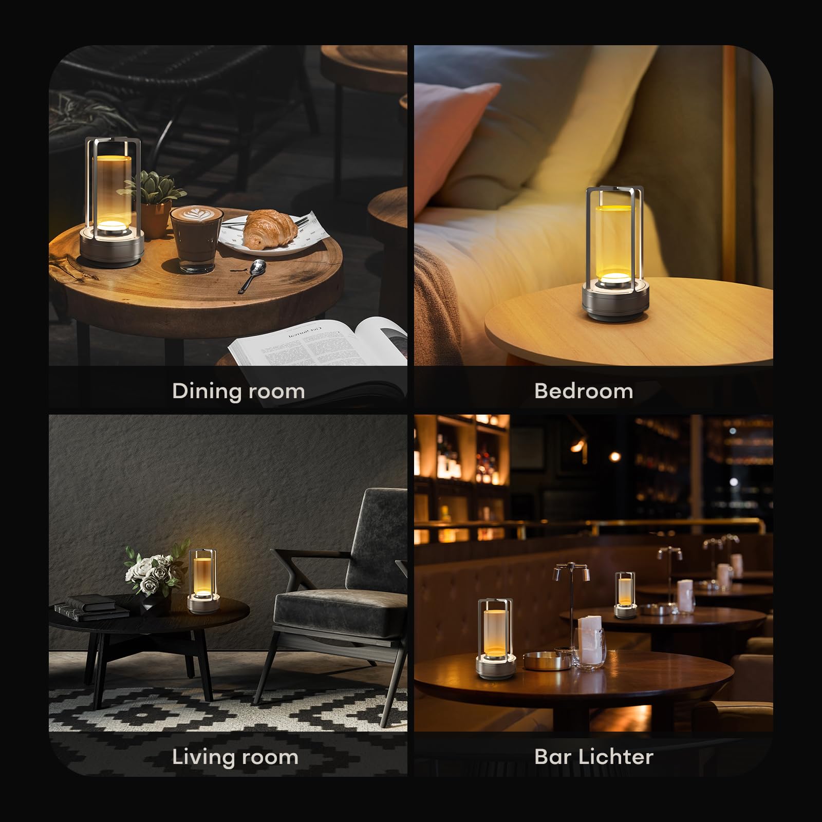HAPYGI Portable Metal Table Lamp, Rechargeable LED, 3-Colour Dimming, Sliver Set of 2, Model A-LAMP