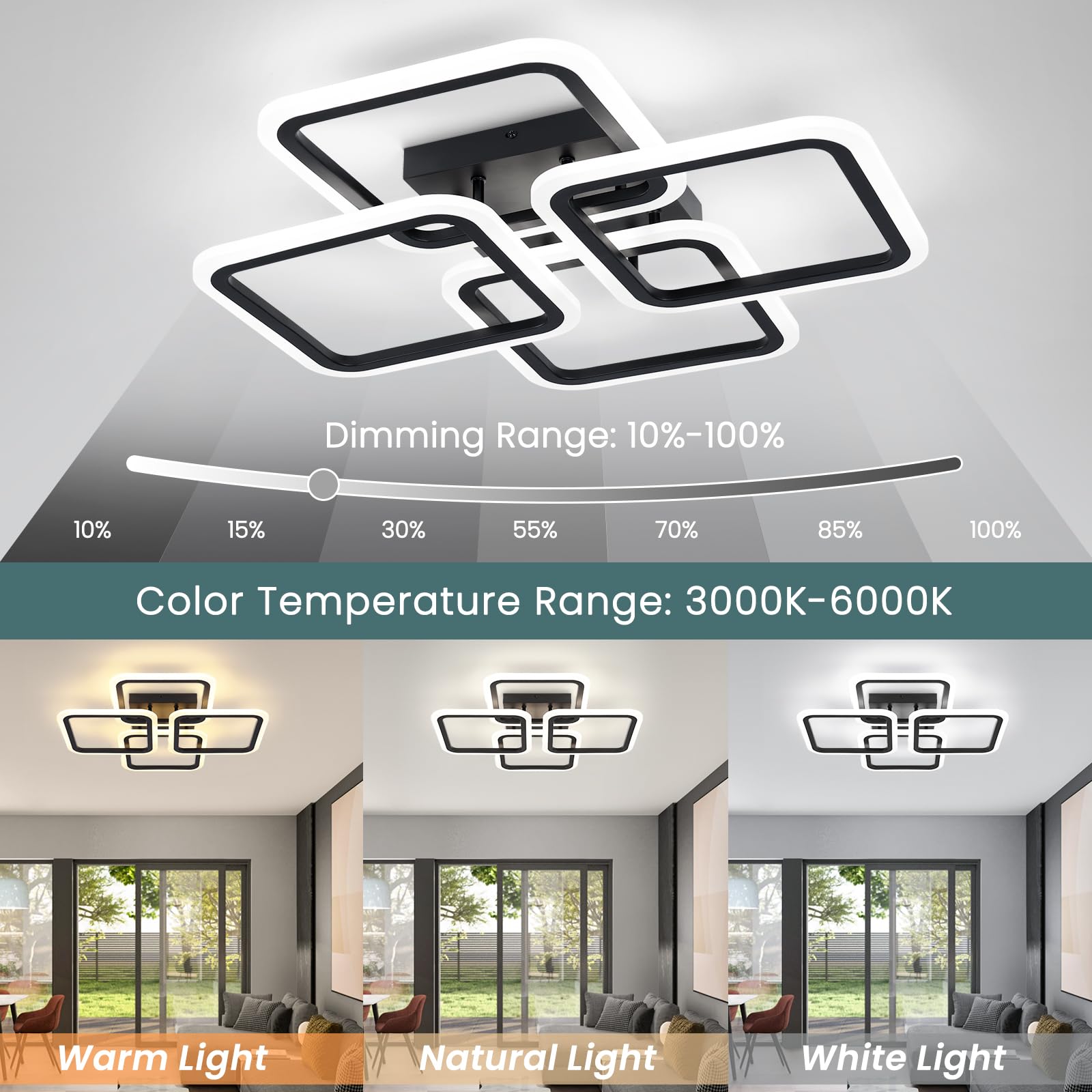 HLILCEH LED Ceiling Light 50W Dimmable Square Flush Mount 23.6inch Black Acrylic Model CL-4FDBK-D