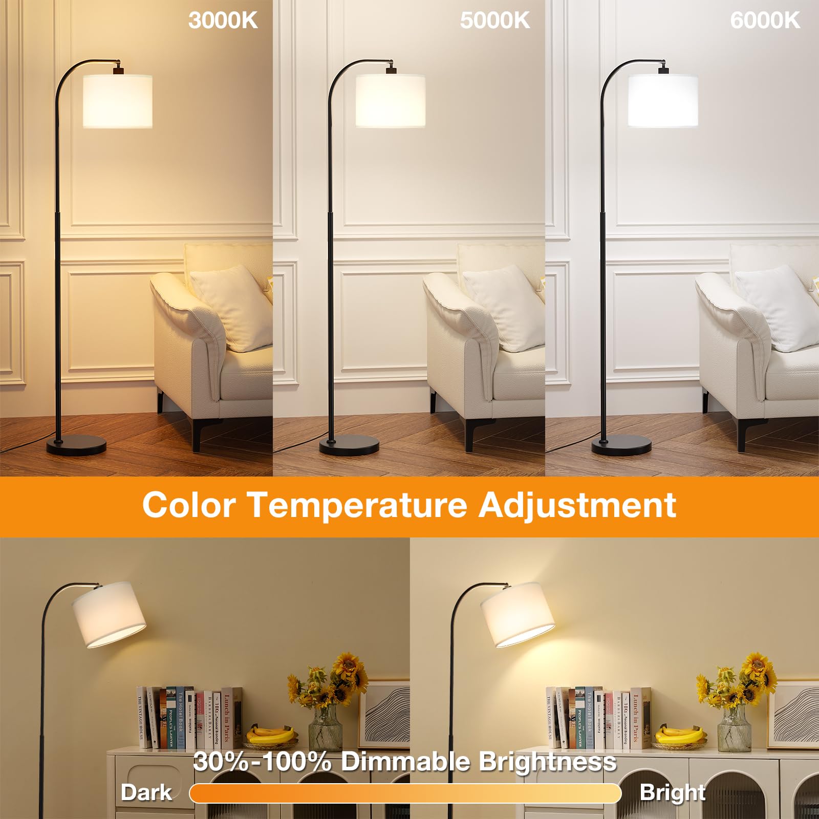 Ambimall Arc Floor Lamp, Remote & Stepless Dimmable, 63 inches, White Shade & Black Pole, Model RPT-QZB40403