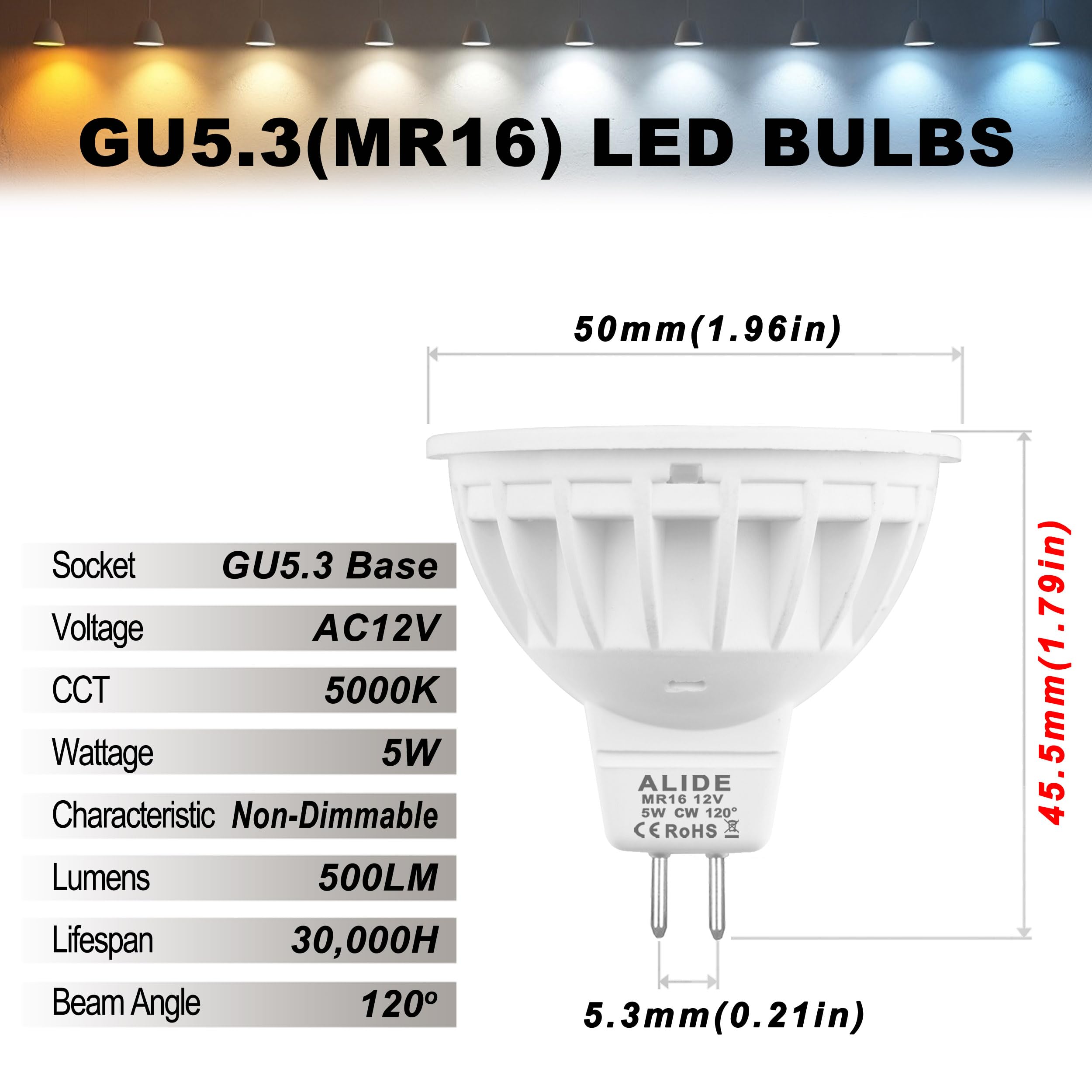 ALIDE MR16 LED Bulbs 5W 50W Halogen Equivalent 5000K Daylight White GU5.3 Bi-Pin 6 Pack for Ceiling Landscape Lighting