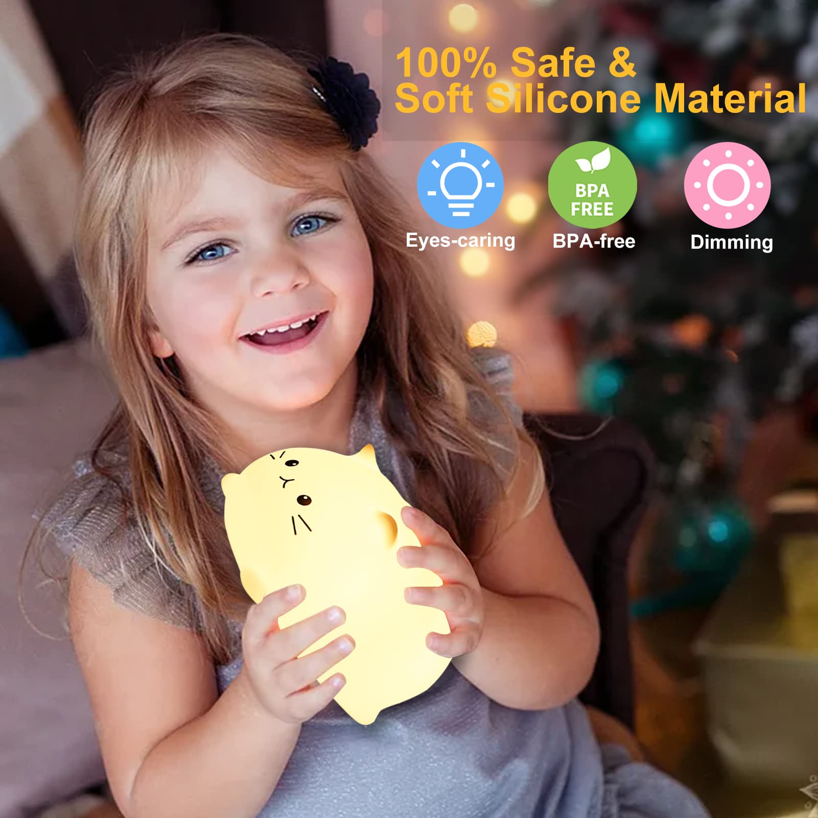 Tremdwoto Cat Lamp - Rechargeable Silicone Night Light, 7 Color Changing, Cat-Lying Size, Ideal for Kids and Nursery