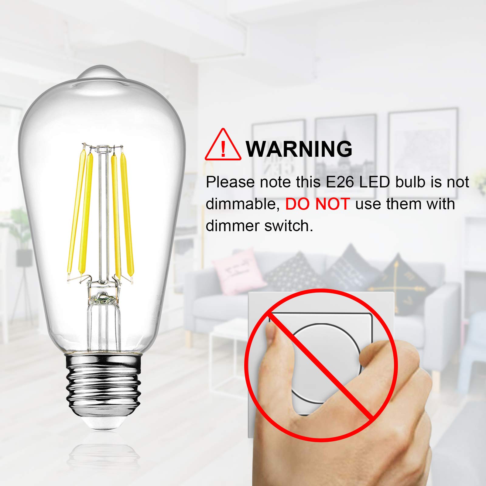 Ascher Vintage LED Edison Bulbs, 6W Equivalent 60W, Daylight White 4000K, ST58, Clear Glass, Pack of 6