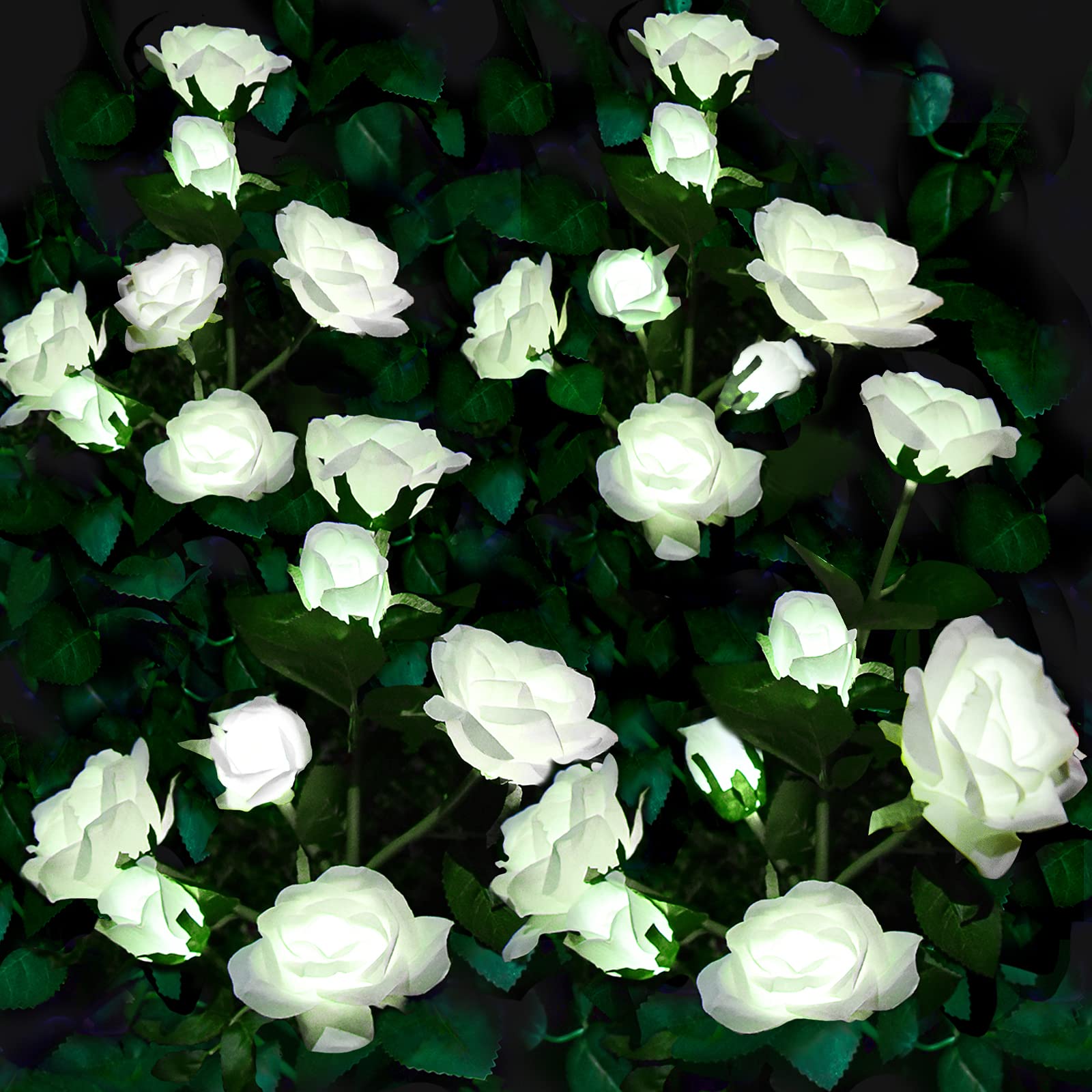NQN Upgraded 4 Pack White Outdoor Solar Powered 7 Rose Flowers Garden Stake Light, LED Solar Powered Light Decorative Flower Lam
