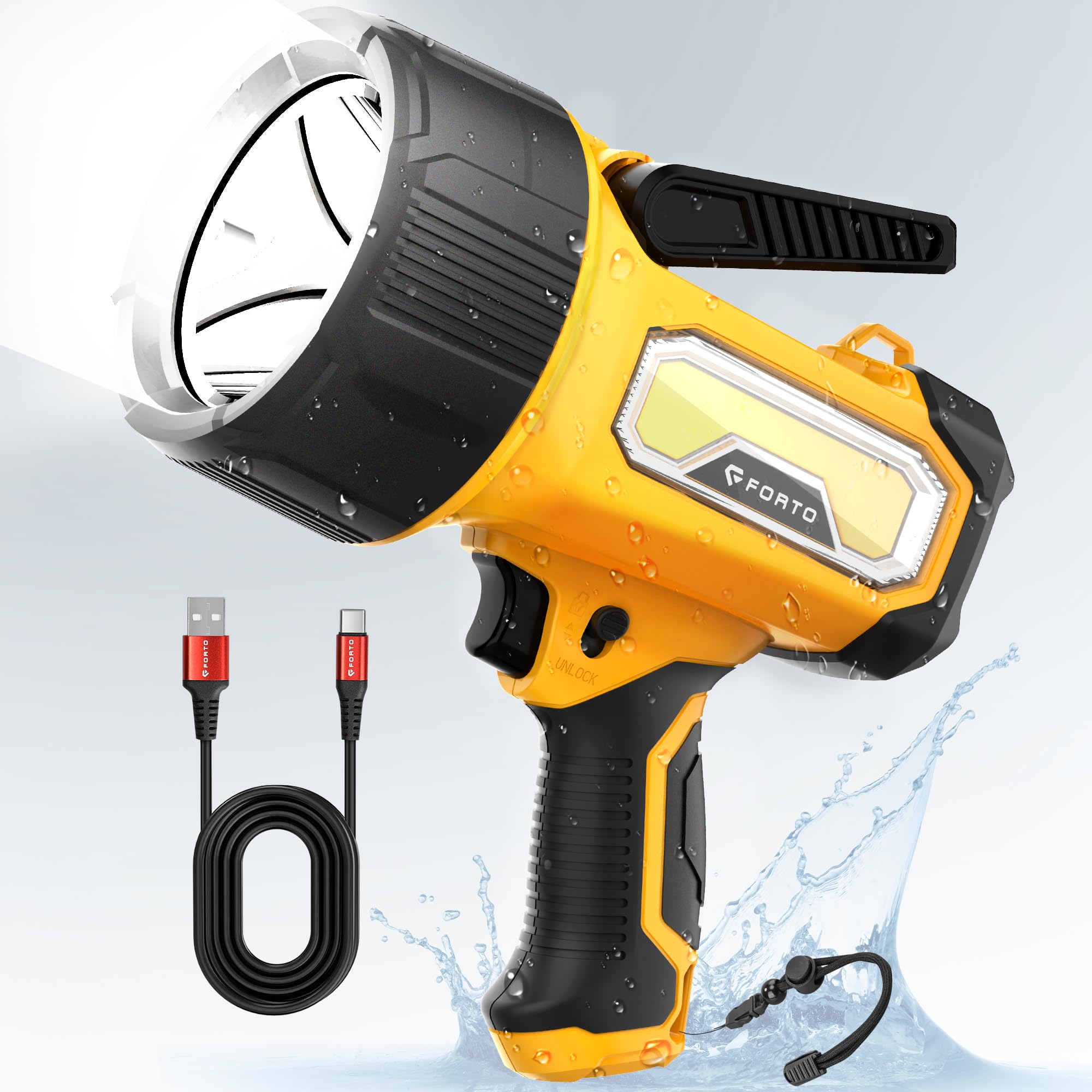 FORTO Rechargeable Spotlight Flashlight with 2000 Lumens, Handheld Spotlight with Foldable Stand, 6 Light Modes IPX7 Waterproof 