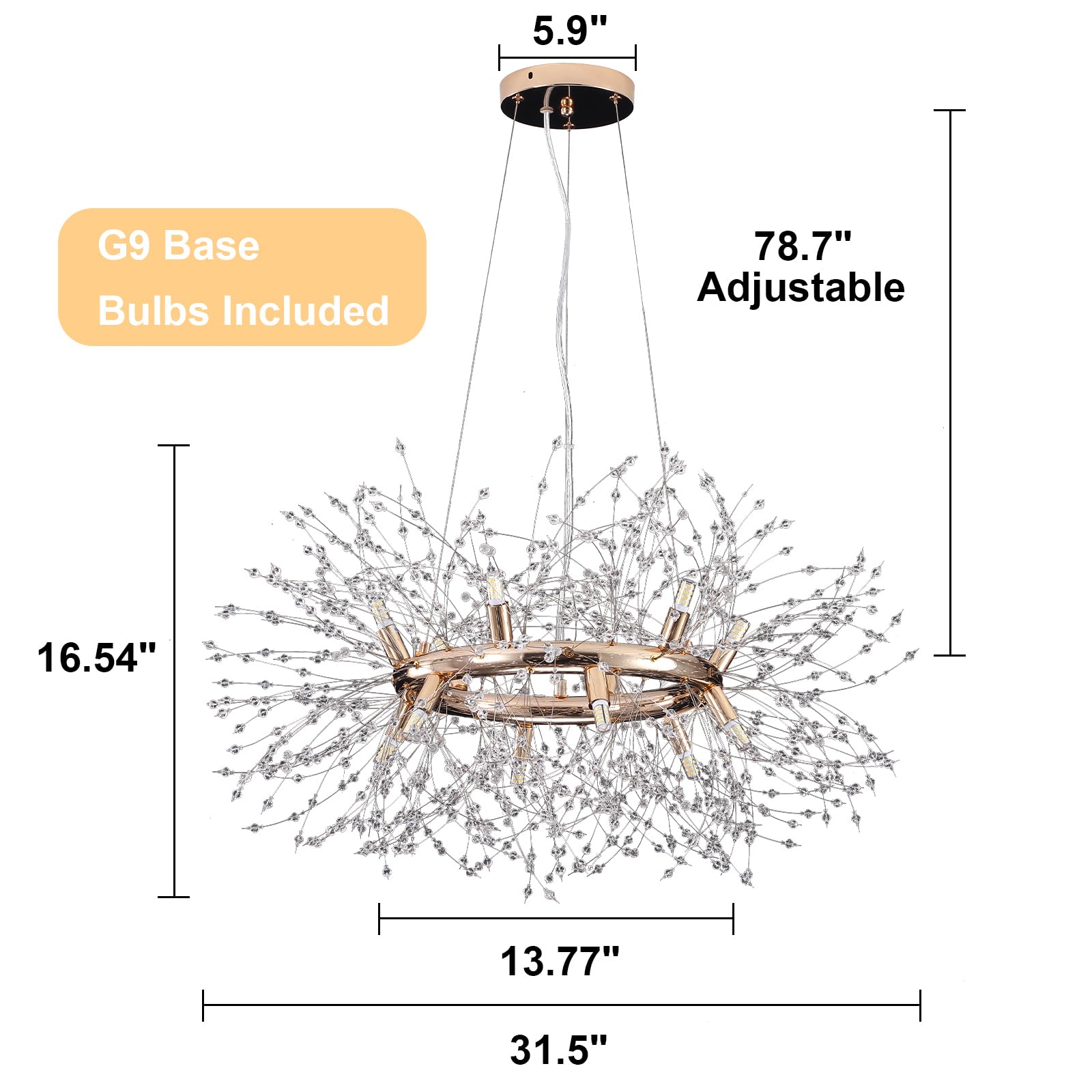 HUOKU Modern Crystal 12-Light Chandelier, Gold Dandelion Pendant Light, 31"W X 16"H, Ideal for Dining Room and High Ceilings