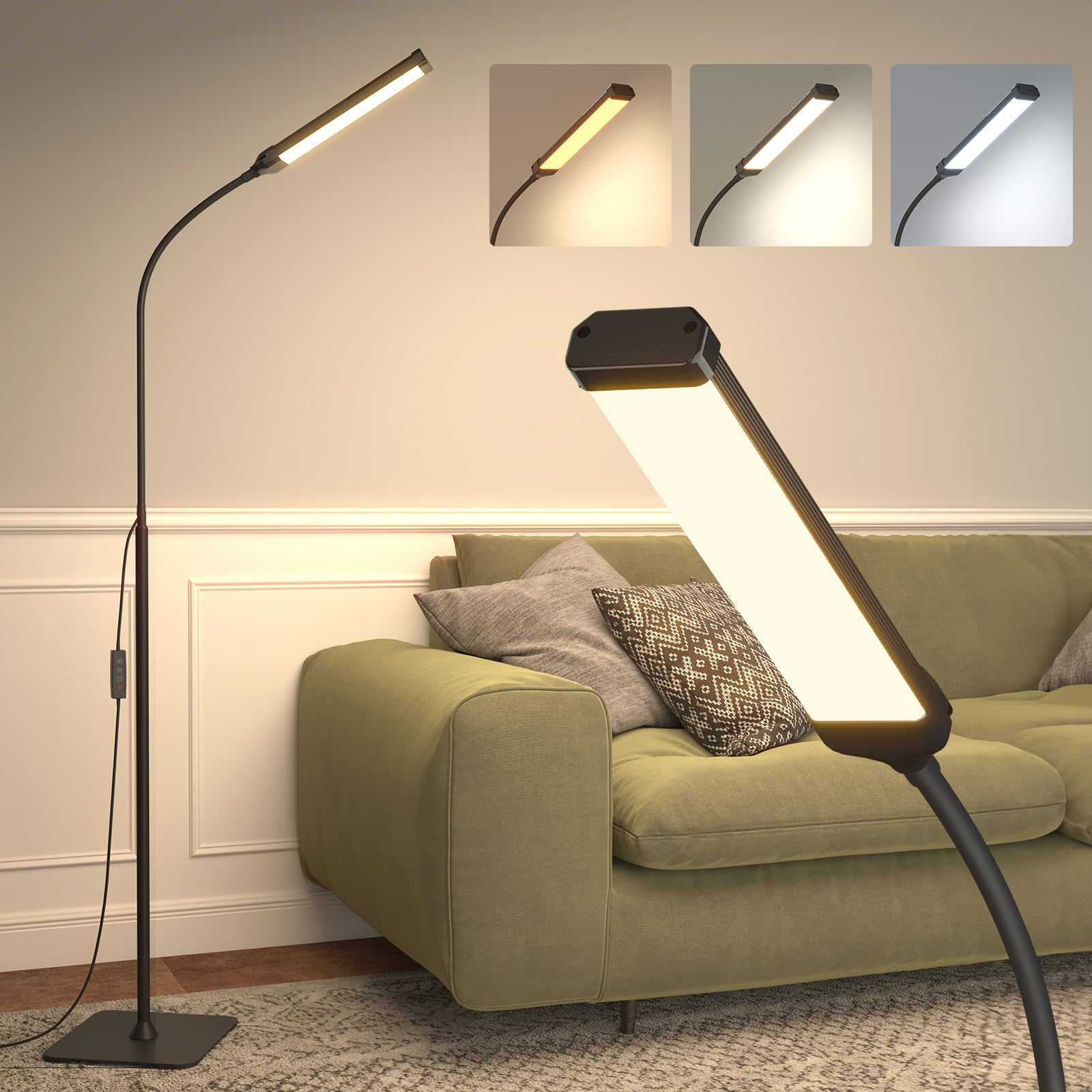 Led Floor Lamp, Reading Lamps Adjustable Stepless Colors & Brightness Gooseneck Standing Lamp, Nail Tech Lamp, Lash Light For Ey