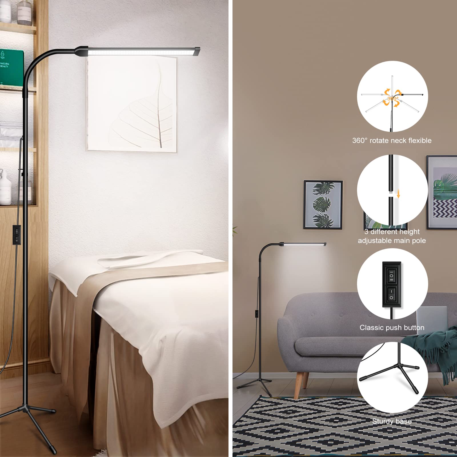 JCOTTON Bright LED Floor Lamp - Adjustable Gooseneck Eyelash Light for Makeup, Spa & Reading - Black 01