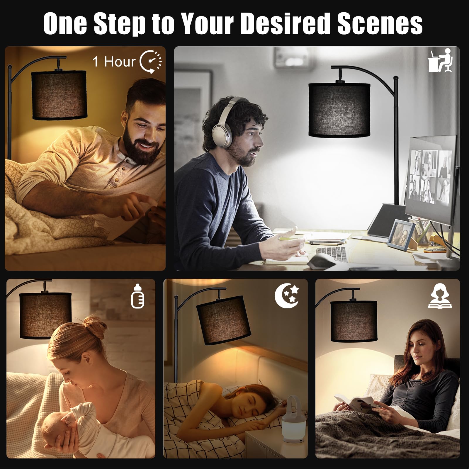 Mukuxin 12W Led Arc Floor Lamp With Remote, Dimmable Linen Shade, Black - Modern Living Room Light