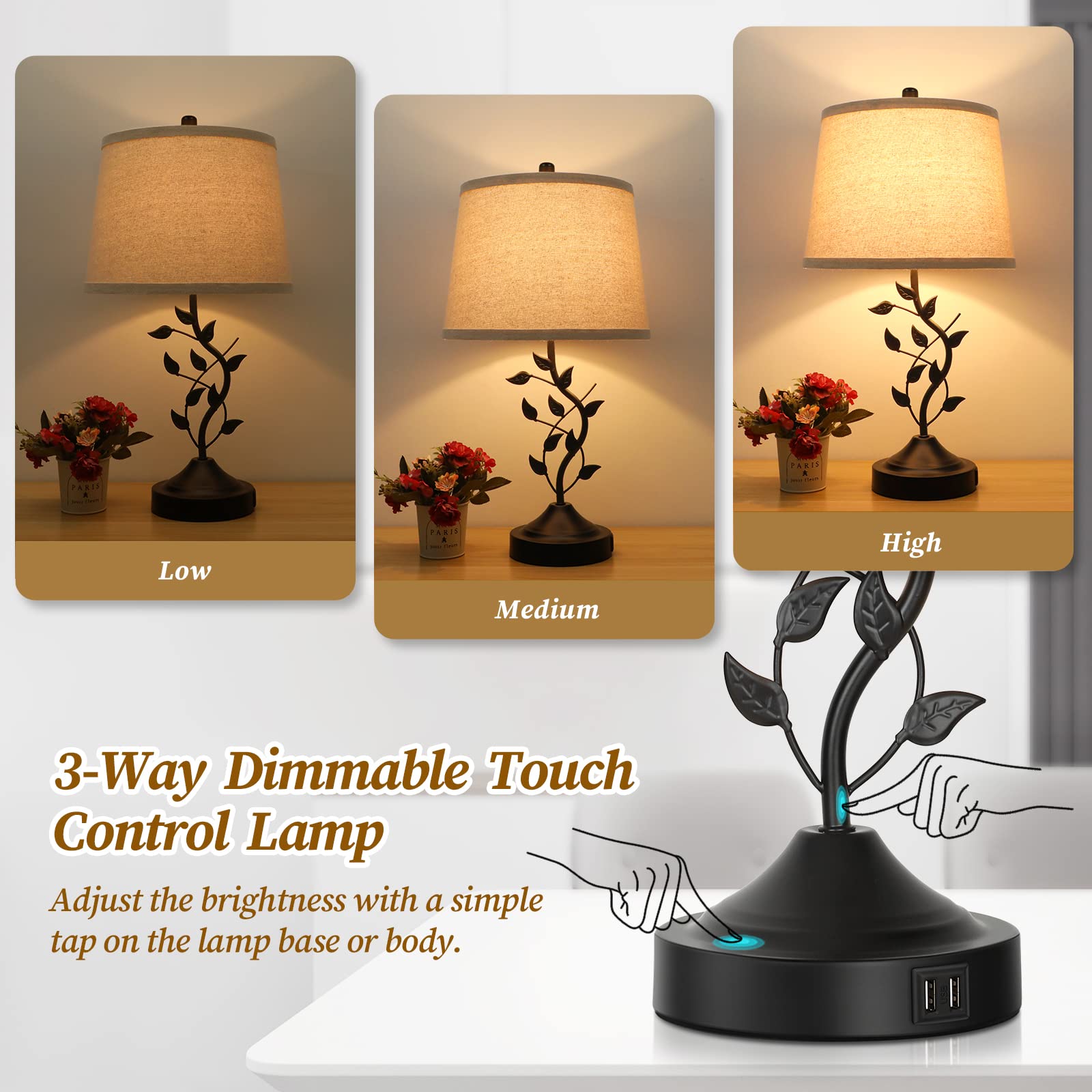 Brighthome 3-Way Dimmable Touch Table Lamps Set Of 2 With Usb Ports - Black & Cream