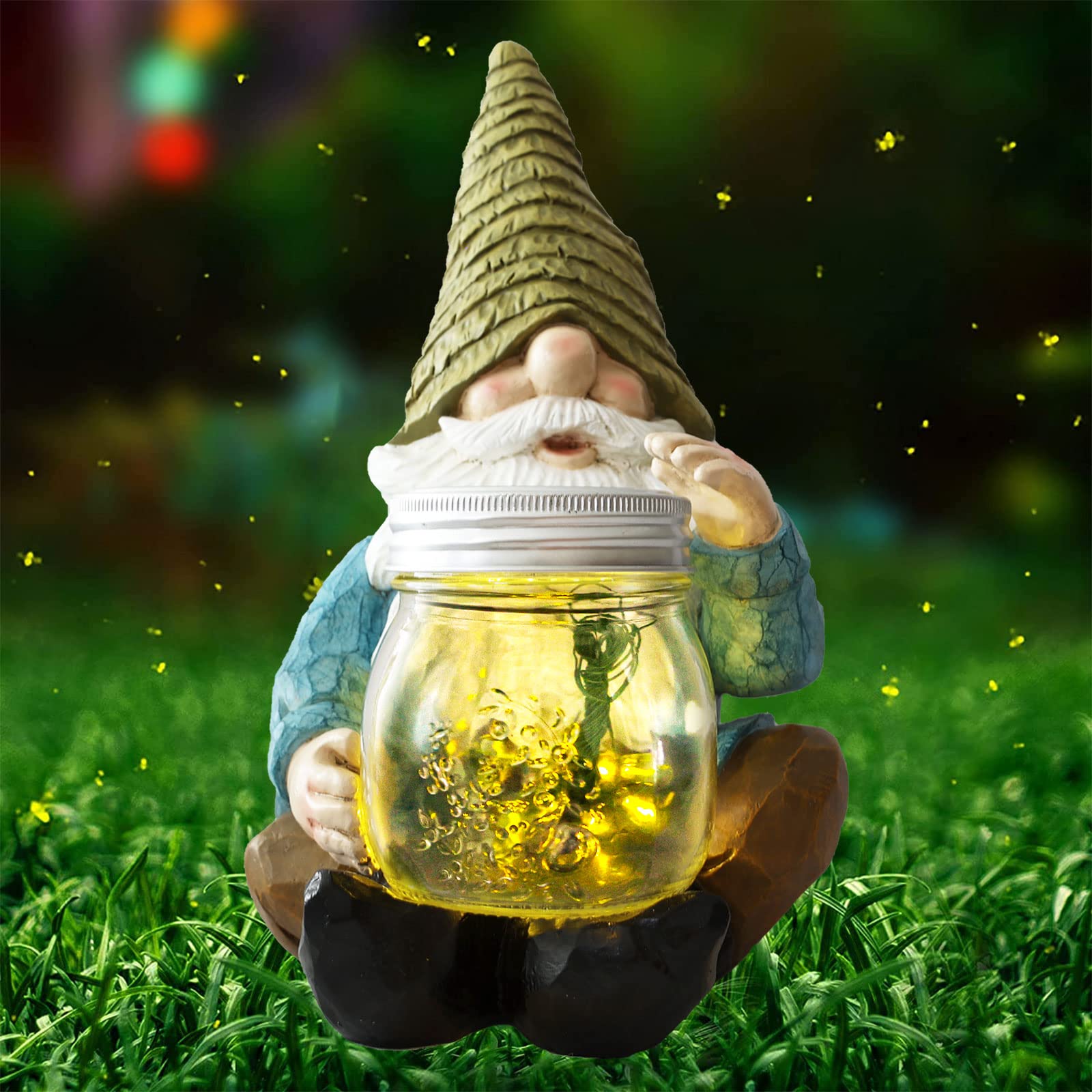 Vcdsoy Solar Firefly Jar Gnome Waterproof -Solar Outdoor LED Lights Resin Garden Gnome Statues Decor 10.6'' Lantern Figurines De